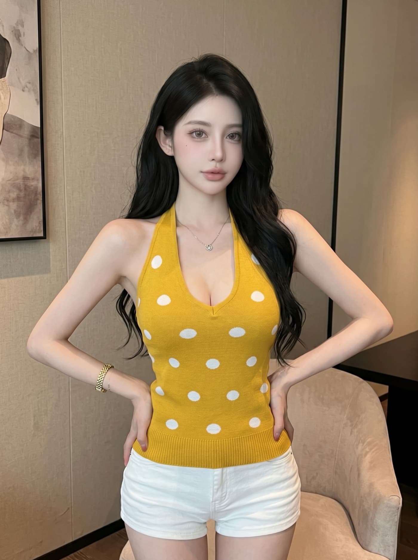 실사 핫걸 바람 레트로 도트 무늬 행침 목 디자인 센스 여성 작은 대중 다용도 신축성 슬림해 보이는 오프숄더 니트 맨위 상세 이미지 12