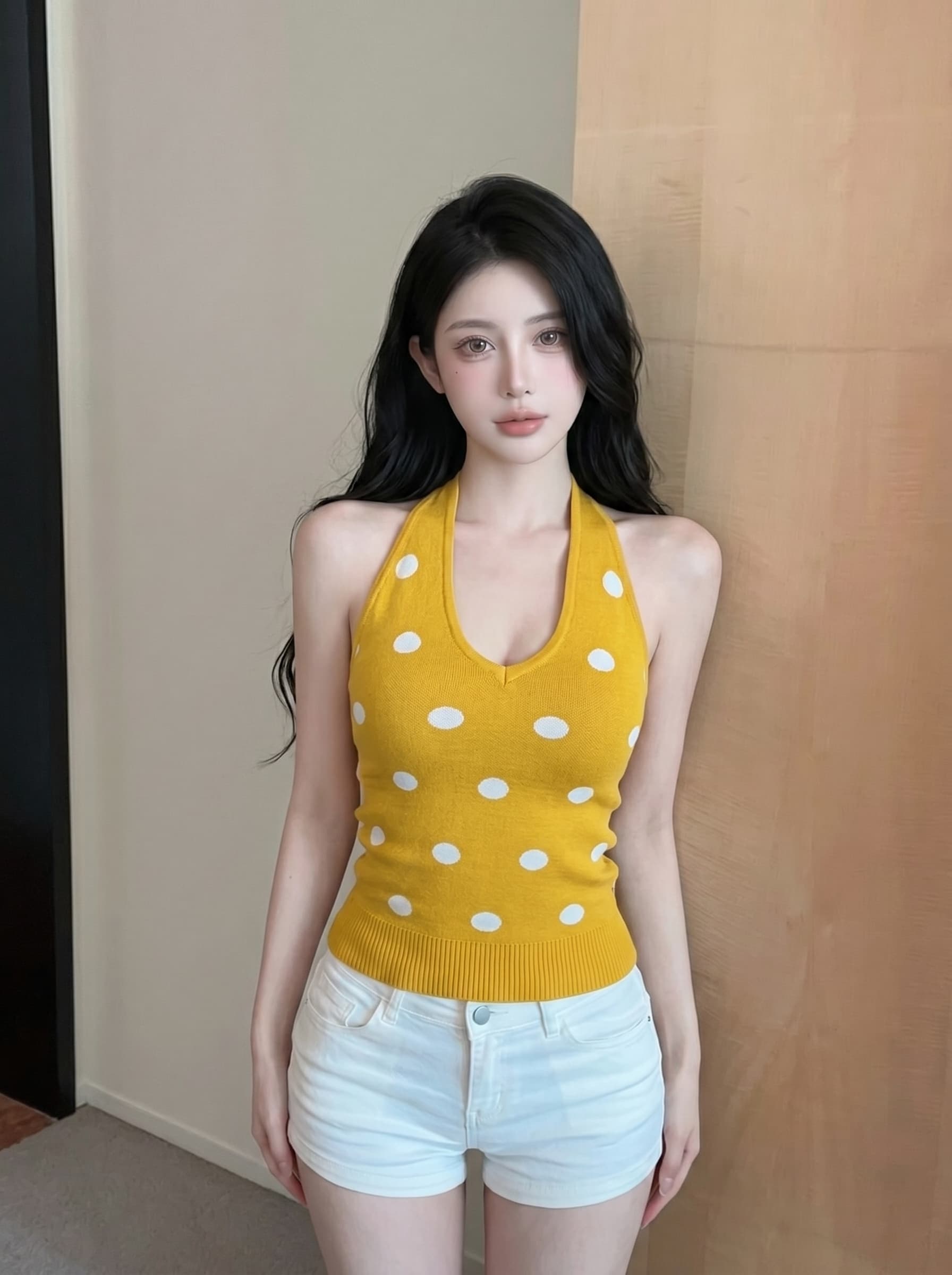 실사 핫걸 바람 레트로 도트 무늬 행침 목 디자인 센스 여성 작은 대중 다용도 신축성 슬림해 보이는 오프숄더 니트 맨위 상세 이미지 13