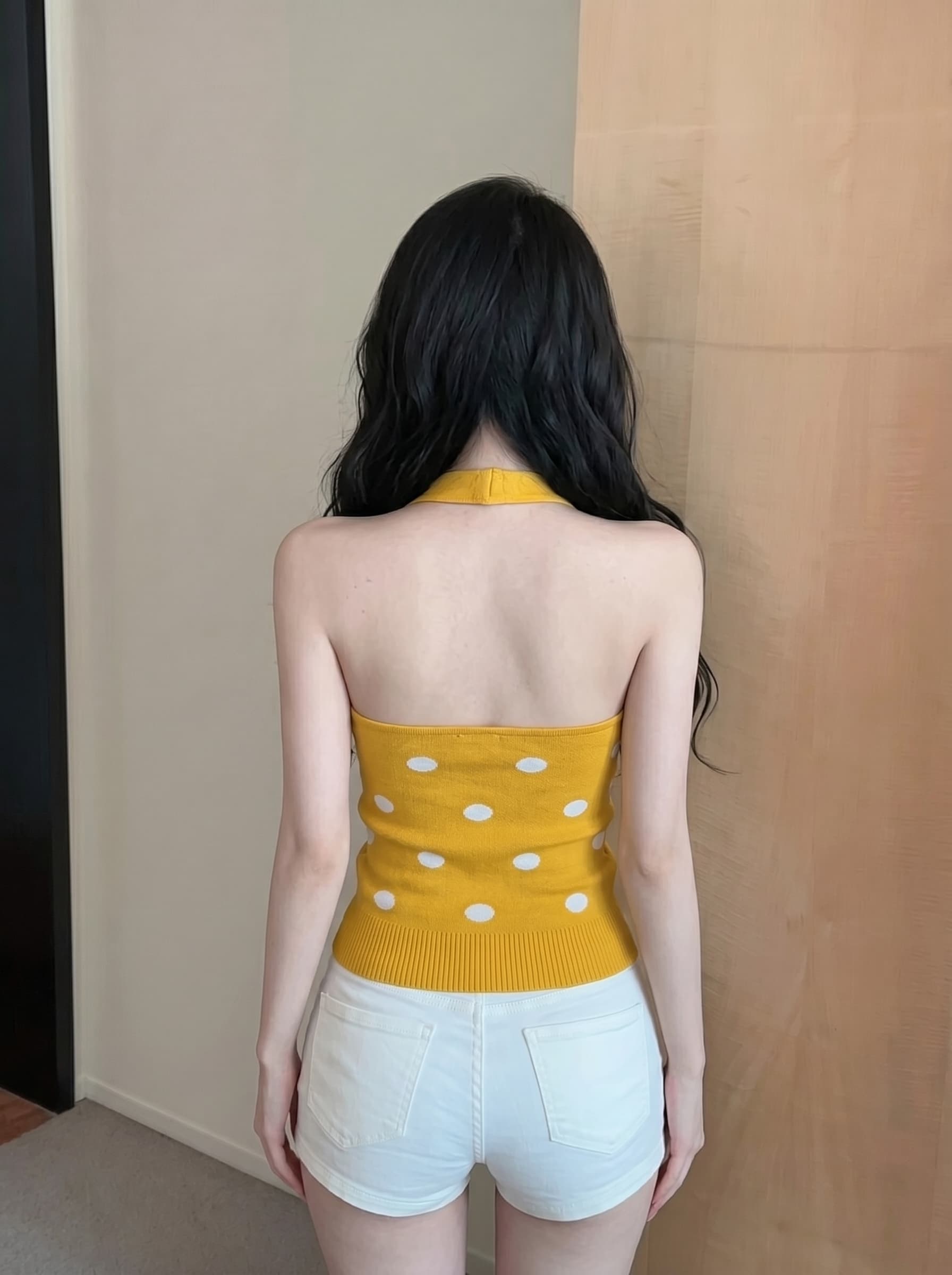 실사 핫걸 바람 레트로 도트 무늬 행침 목 디자인 센스 여성 작은 대중 다용도 신축성 슬림해 보이는 오프숄더 니트 맨위 상세 이미지 14