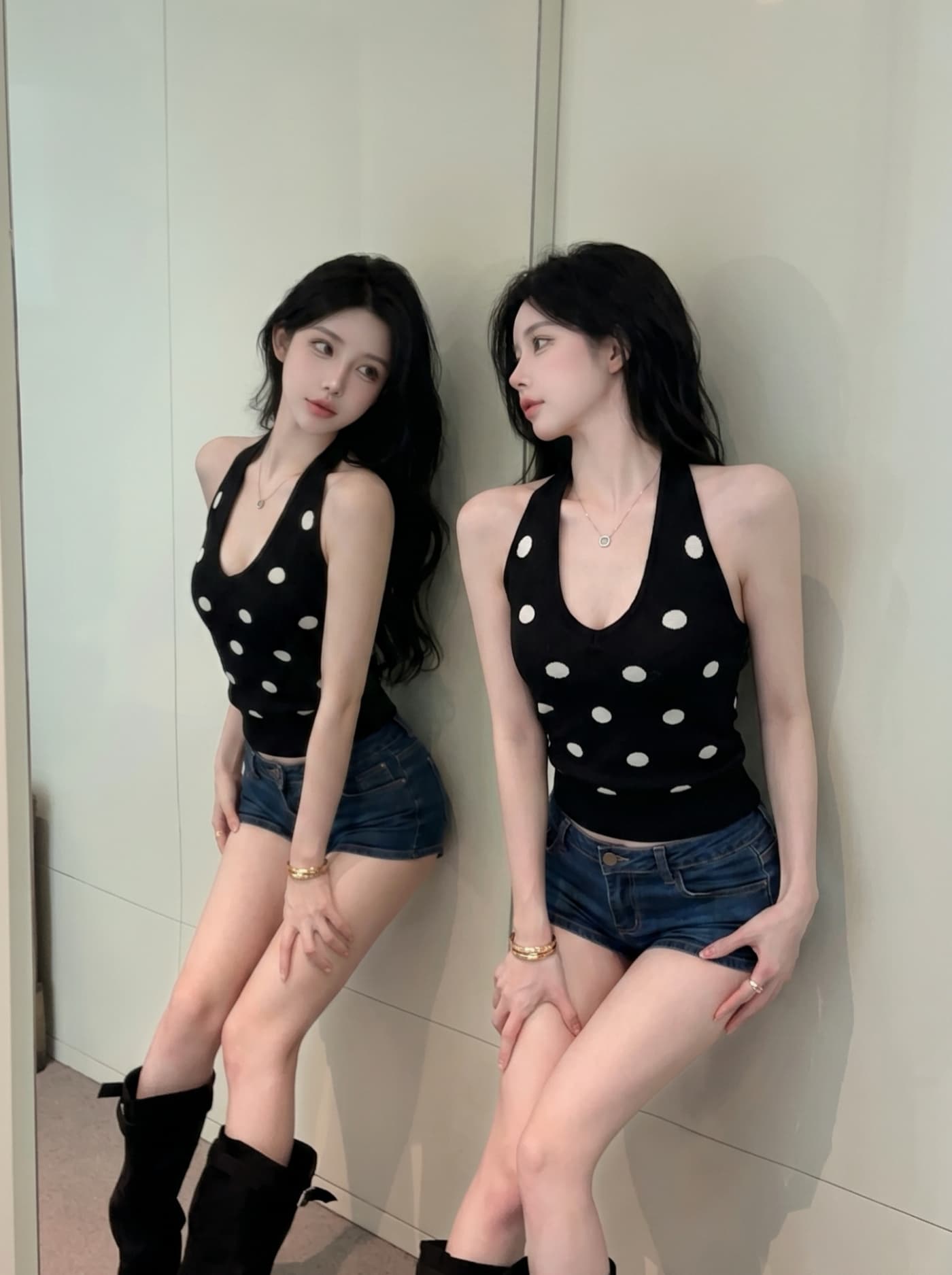 실사 핫걸 바람 레트로 도트 무늬 행침 목 디자인 센스 여성 작은 대중 다용도 신축성 슬림해 보이는 오프숄더 니트 맨위 상세 이미지 15