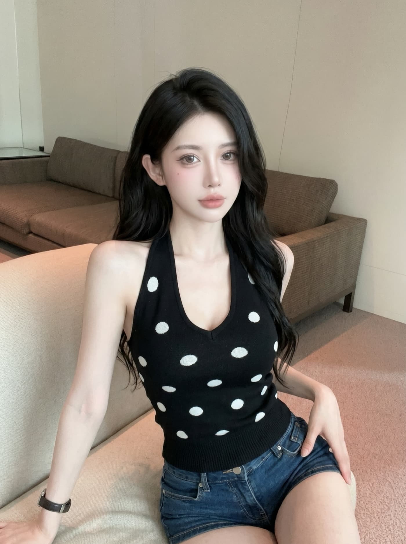 실사 핫걸 바람 레트로 도트 무늬 행침 목 디자인 센스 여성 작은 대중 다용도 신축성 슬림해 보이는 오프숄더 니트 맨위 상세 이미지 18