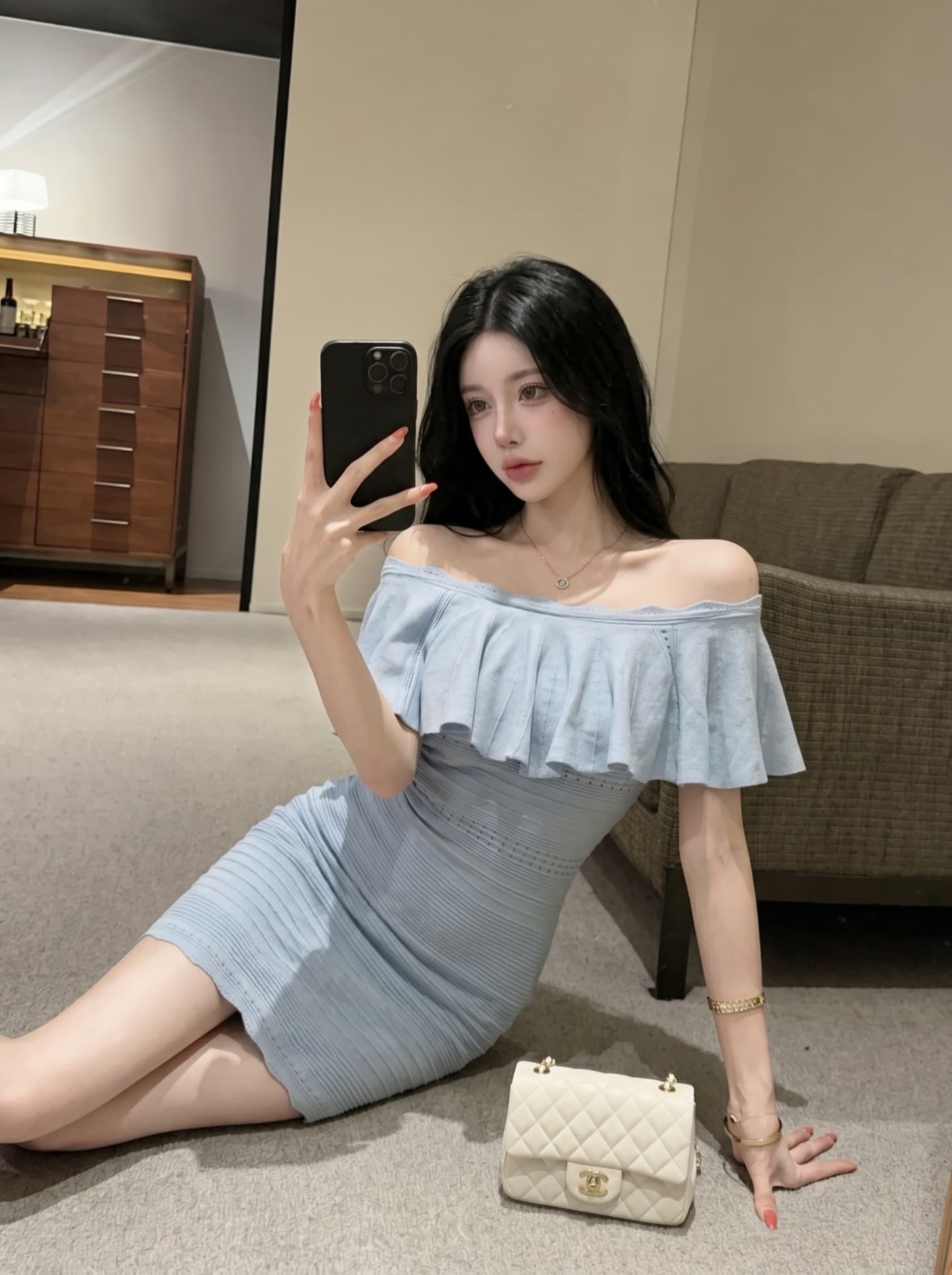 실사 순수한 욕망 바람 오프숄더 니트 여성 드레스 여름 작은 키 몸매 가꾸기 섹시함 타이트 스커트 명문 여성 바람 미니 스커트 이미지 4