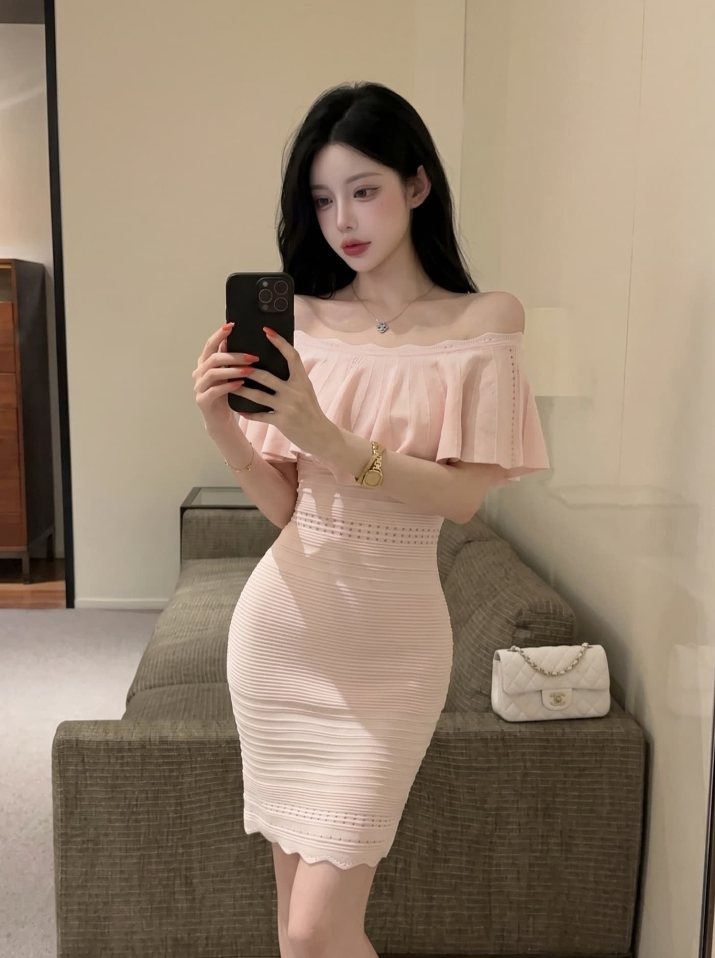 실사 순수한 욕망 바람 오프숄더 니트 여성 드레스 여름 작은 키 몸매 가꾸기 섹시함 타이트 스커트 명문 여성 바람 미니 스커트 상세 이미지 3