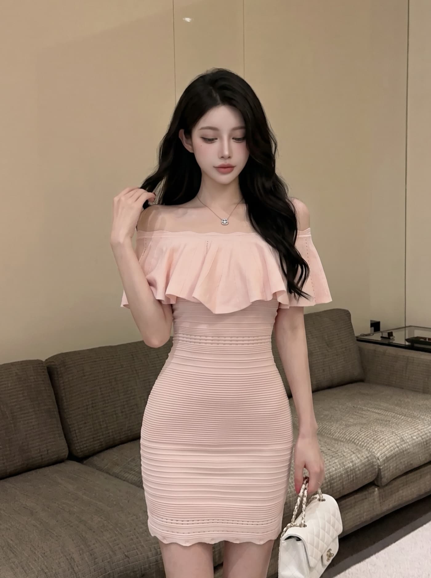 실사 순수한 욕망 바람 오프숄더 니트 여성 드레스 여름 작은 키 몸매 가꾸기 섹시함 타이트 스커트 명문 여성 바람 미니 스커트 상세 이미지 4