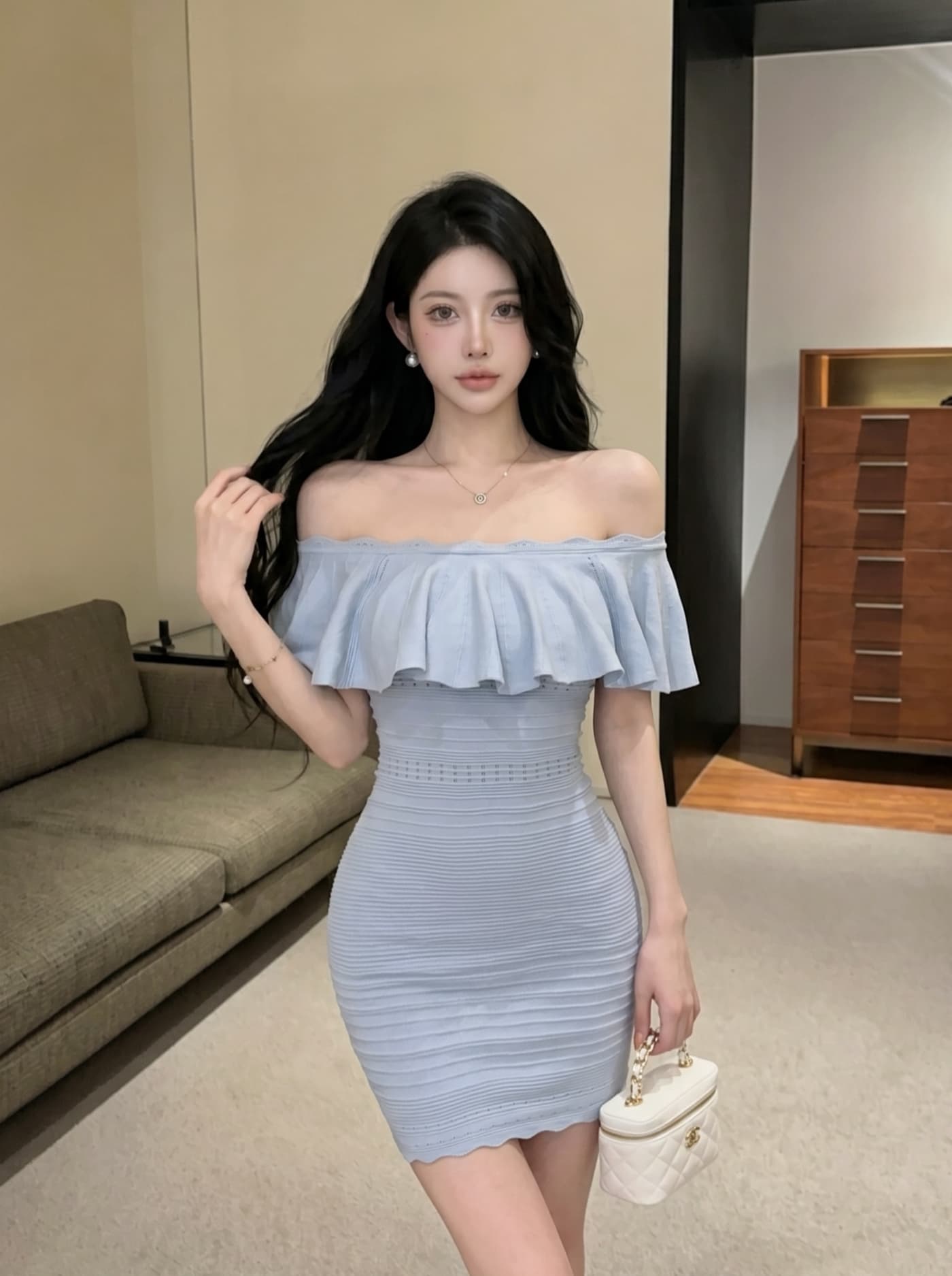실사 순수한 욕망 바람 오프숄더 니트 여성 드레스 여름 작은 키 몸매 가꾸기 섹시함 타이트 스커트 명문 여성 바람 미니 스커트 상세 이미지 11
