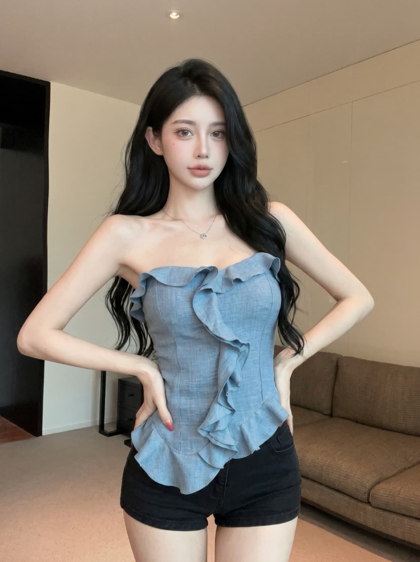 실사 아메리칸 레트로 핫걸 프릴 튜브탑 조끼 여성 여름 외출용 불규칙 벨트 가슴 패드 포장 가슴 맨위 이미지 3