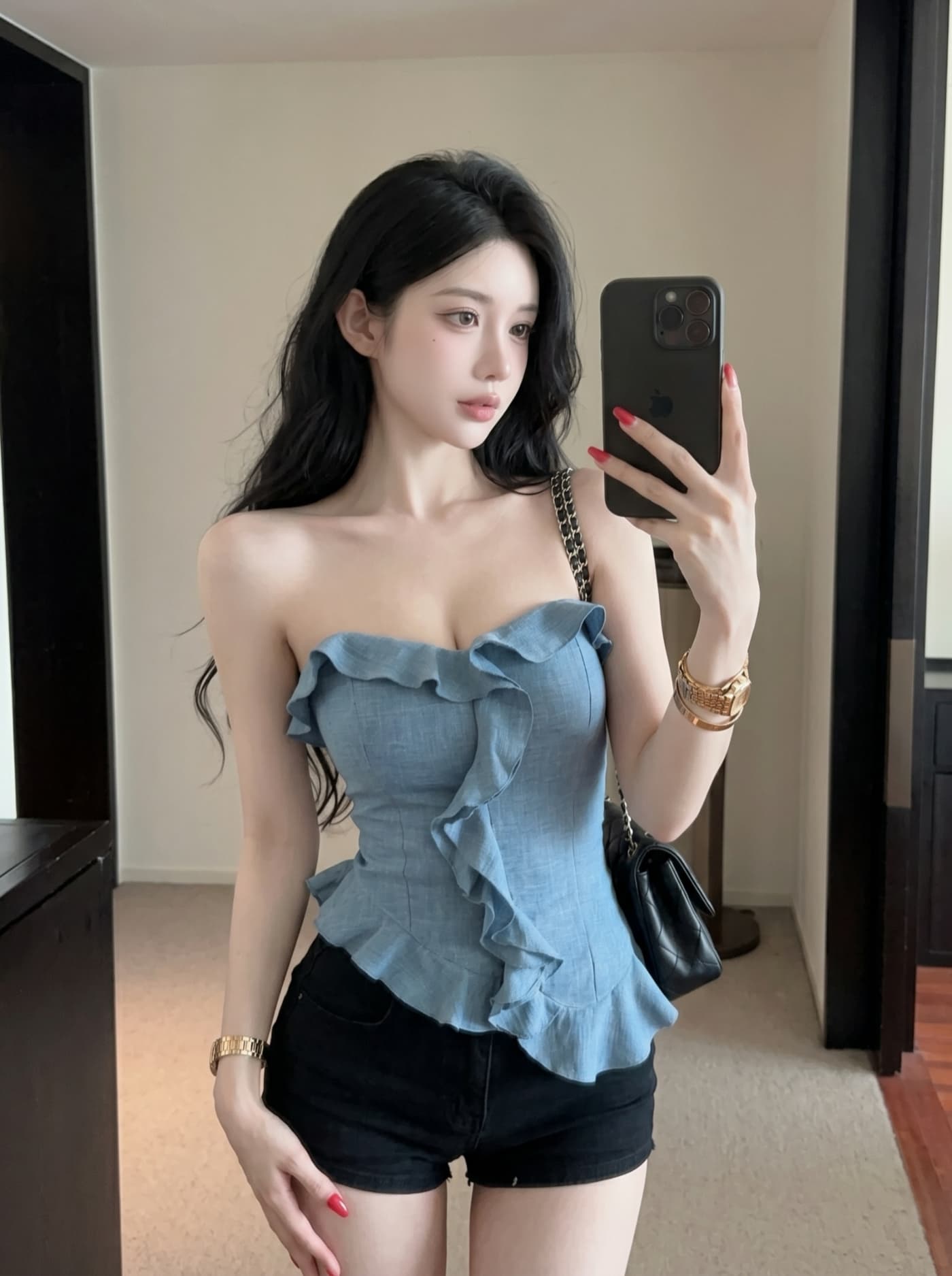 실사 아메리칸 레트로 핫걸 프릴 튜브탑 조끼 여성 여름 외출용 불규칙 벨트 가슴 패드 포장 가슴 맨위 상세 이미지 2