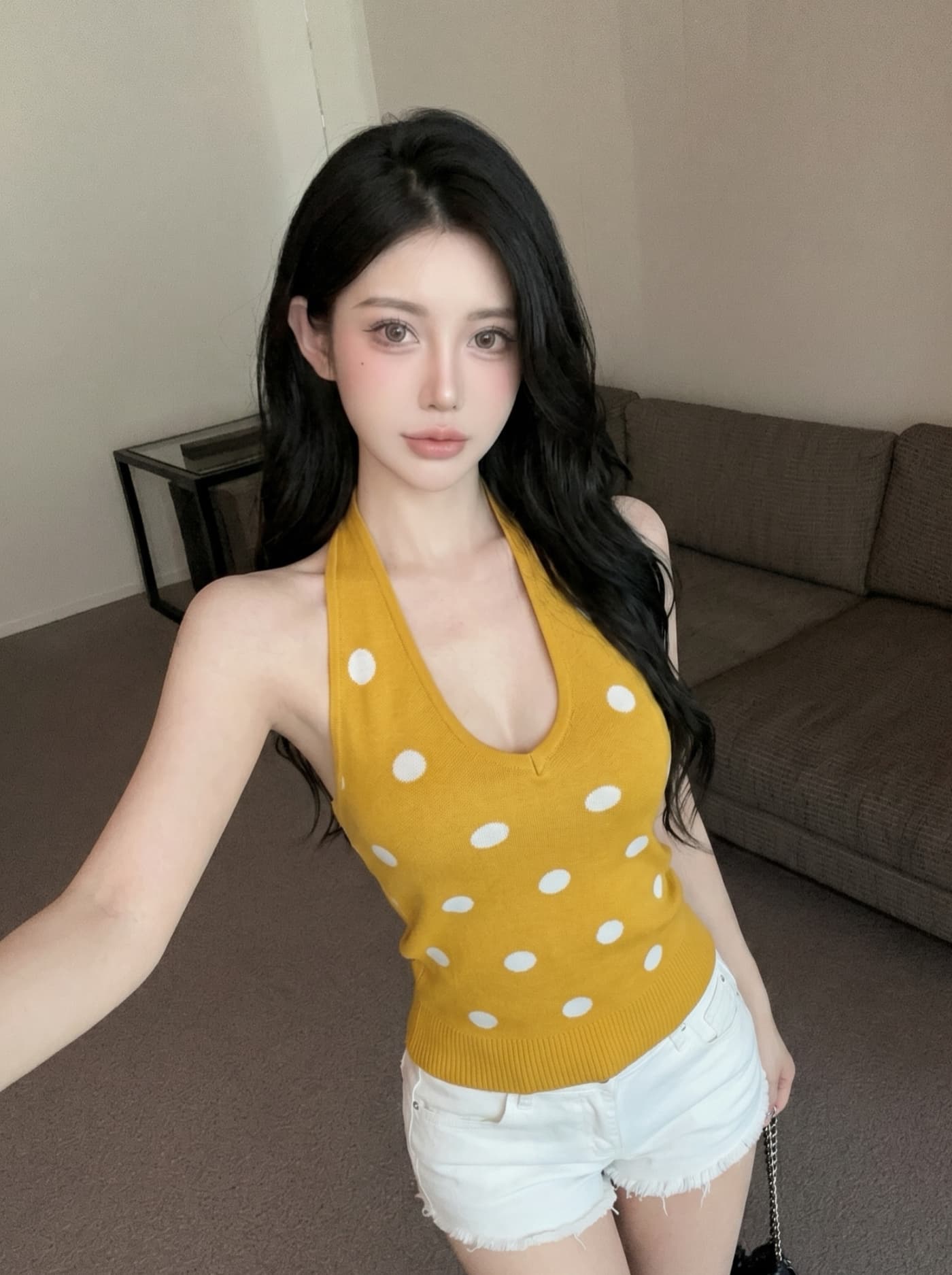 실사 핫걸 바람 레트로 도트 무늬 행침 목 디자인 센스 여성 작은 대중 다용도 신축성 슬림해 보이는 오프숄더 니트 맨위 이미지 2
