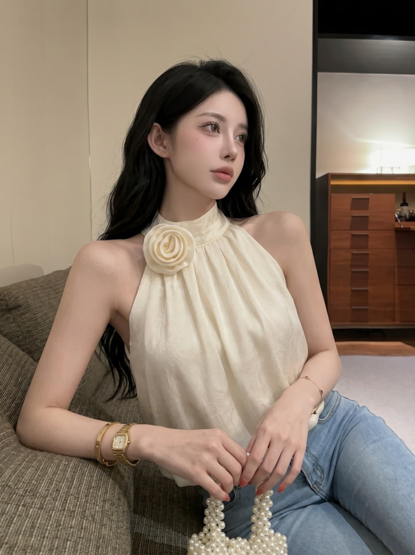 실사 순수한 욕망 바람 달콤한 핫걸 3 차원 꽃 행침 목 슬립 맨위 여성 여름 새로운 외출용 짧은 조끼 작은 셔츠 상세 이미지 1
