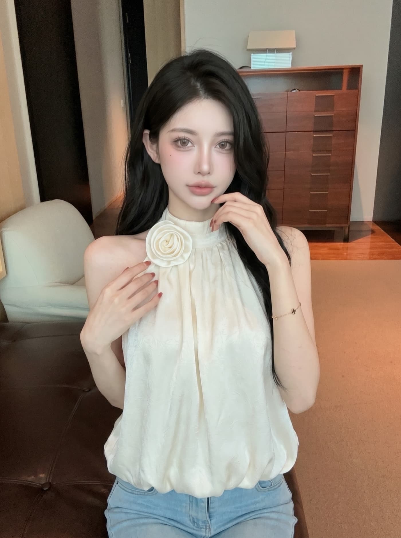 실사 순수한 욕망 바람 달콤한 핫걸 3 차원 꽃 행침 목 슬립 맨위 여성 여름 새로운 외출용 짧은 조끼 작은 셔츠 상세 이미지 2