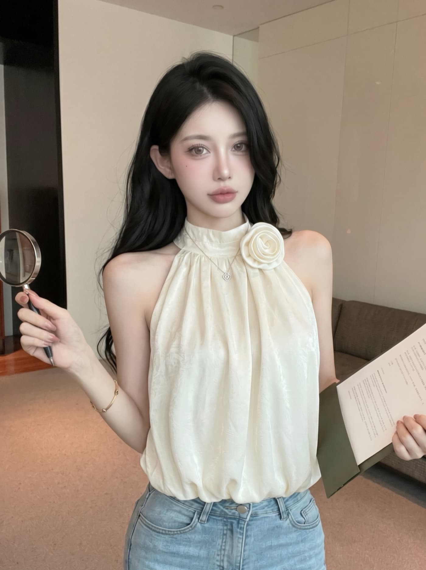 실사 순수한 욕망 바람 달콤한 핫걸 3 차원 꽃 행침 목 슬립 맨위 여성 여름 새로운 외출용 짧은 조끼 작은 셔츠 상세 이미지 4