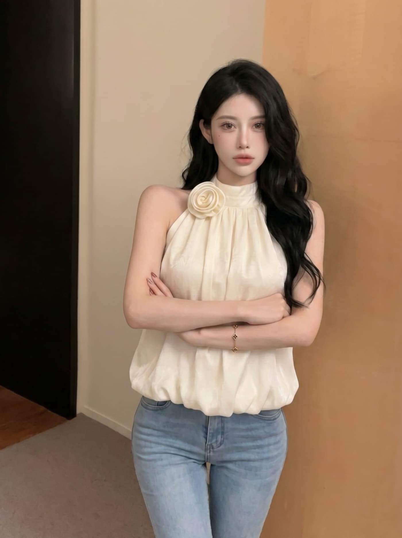 실사 순수한 욕망 바람 달콤한 핫걸 3 차원 꽃 행침 목 슬립 맨위 여성 여름 새로운 외출용 짧은 조끼 작은 셔츠 상세 이미지 6