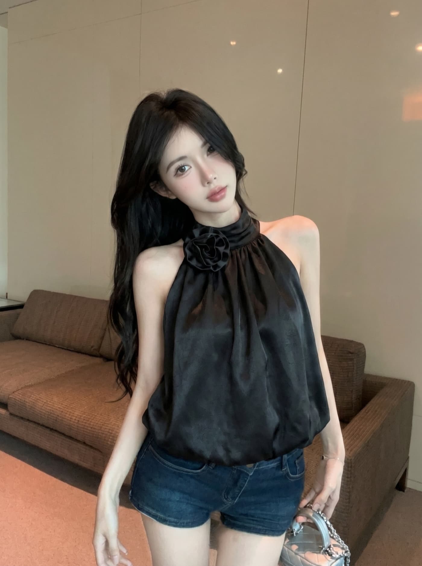 실사 순수한 욕망 바람 달콤한 핫걸 3 차원 꽃 행침 목 슬립 맨위 여성 여름 새로운 외출용 짧은 조끼 작은 셔츠 상세 이미지 29