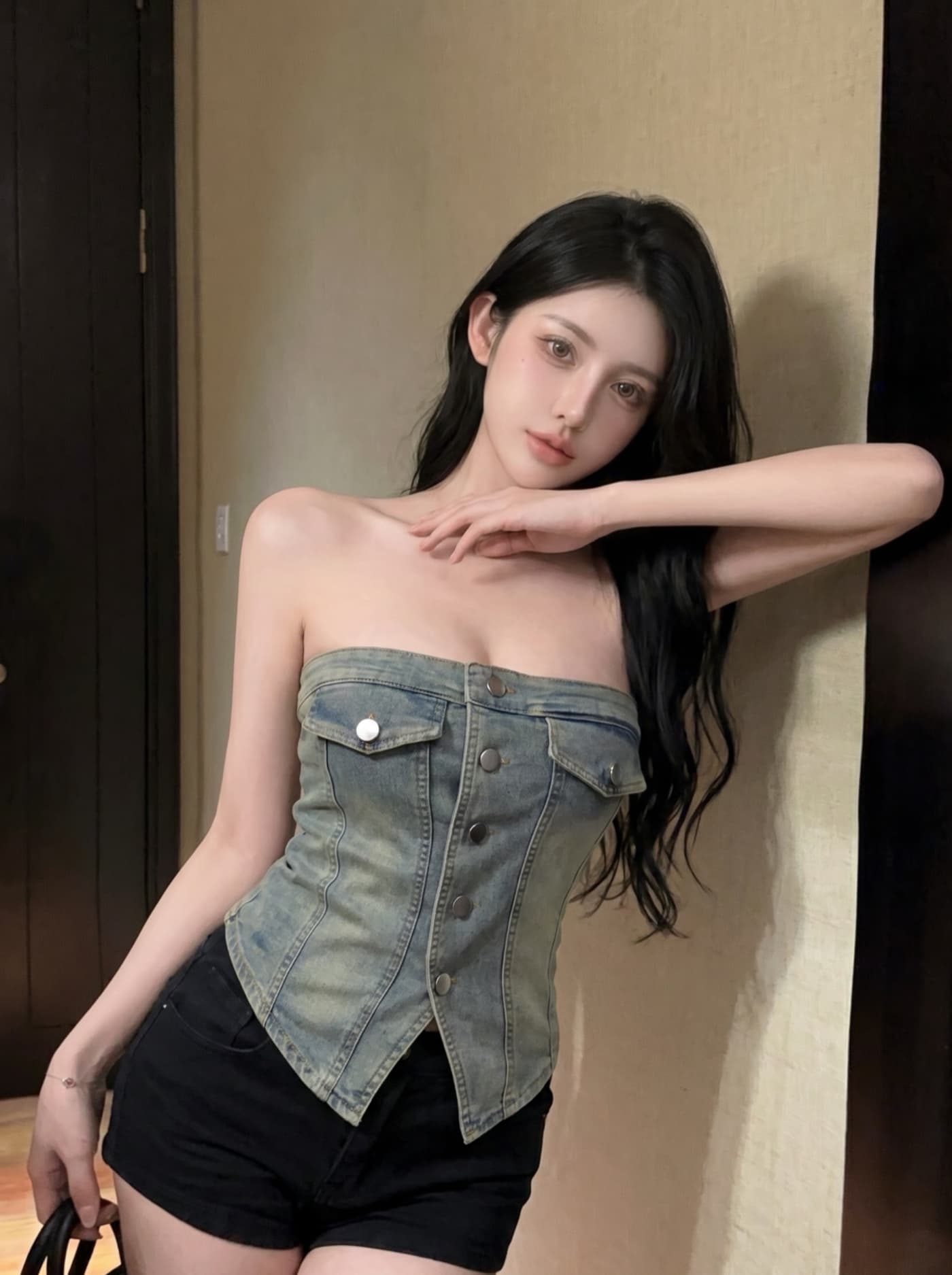 실사 유럽과 미국 핫걸 바람 거리 섹시함 싱글 줄 버튼 튜브탑 데님 조끼 여성 2 여름 몸매 가꾸기 슬림해 보이는 짧은 맨위 상세 이미지 1