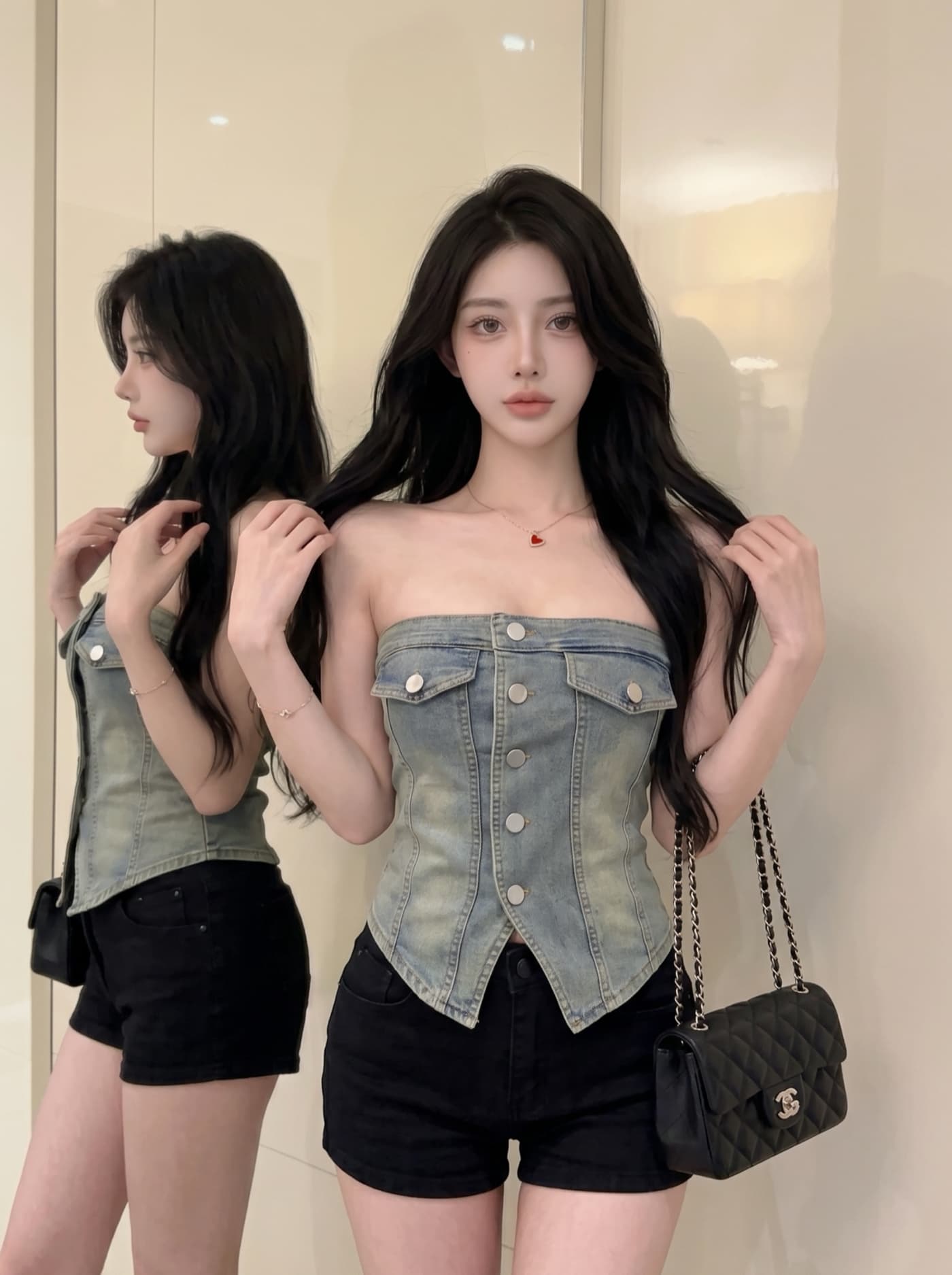 실사 유럽과 미국 핫걸 바람 거리 섹시함 싱글 줄 버튼 튜브탑 데님 조끼 여성 2 여름 몸매 가꾸기 슬림해 보이는 짧은 맨위 상세 이미지 2