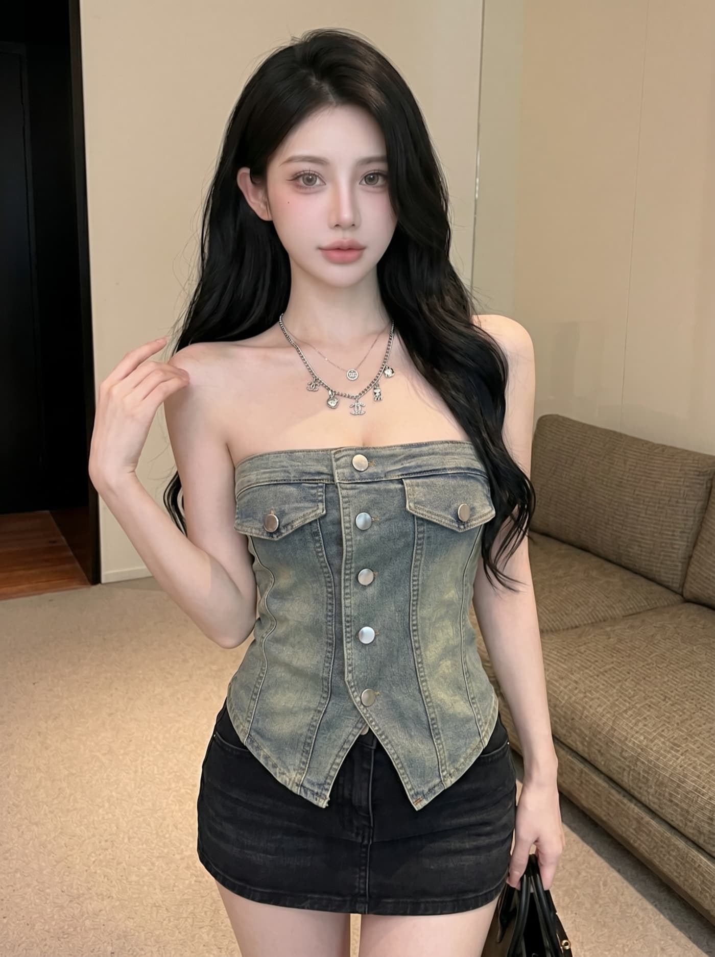 실사 유럽과 미국 핫걸 바람 거리 섹시함 싱글 줄 버튼 튜브탑 데님 조끼 여성 2 여름 몸매 가꾸기 슬림해 보이는 짧은 맨위 상세 이미지 3