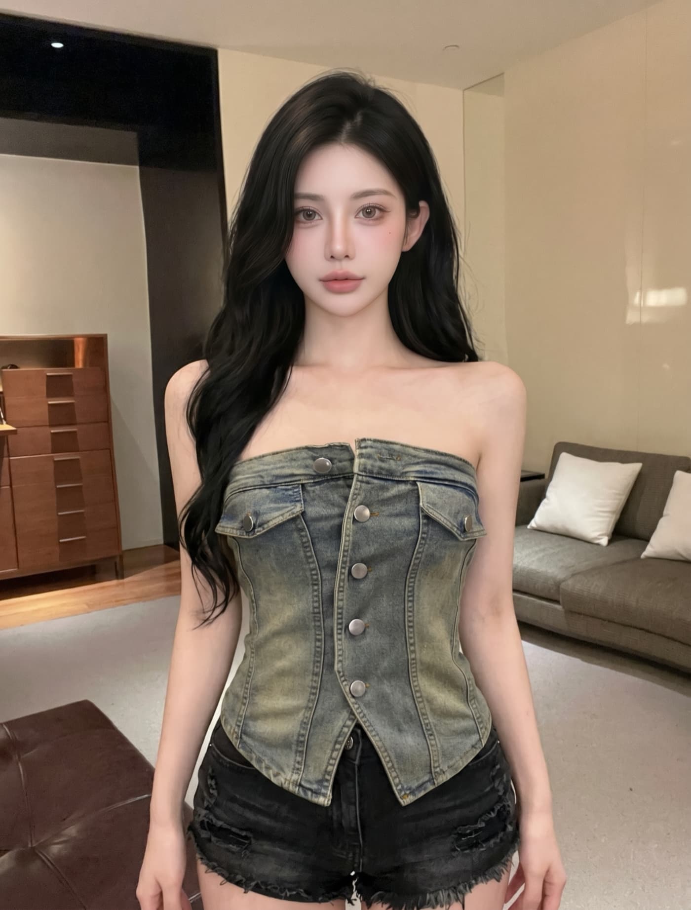 실사 유럽과 미국 핫걸 바람 거리 섹시함 싱글 줄 버튼 튜브탑 데님 조끼 여성 2 여름 몸매 가꾸기 슬림해 보이는 짧은 맨위 상세 이미지 5