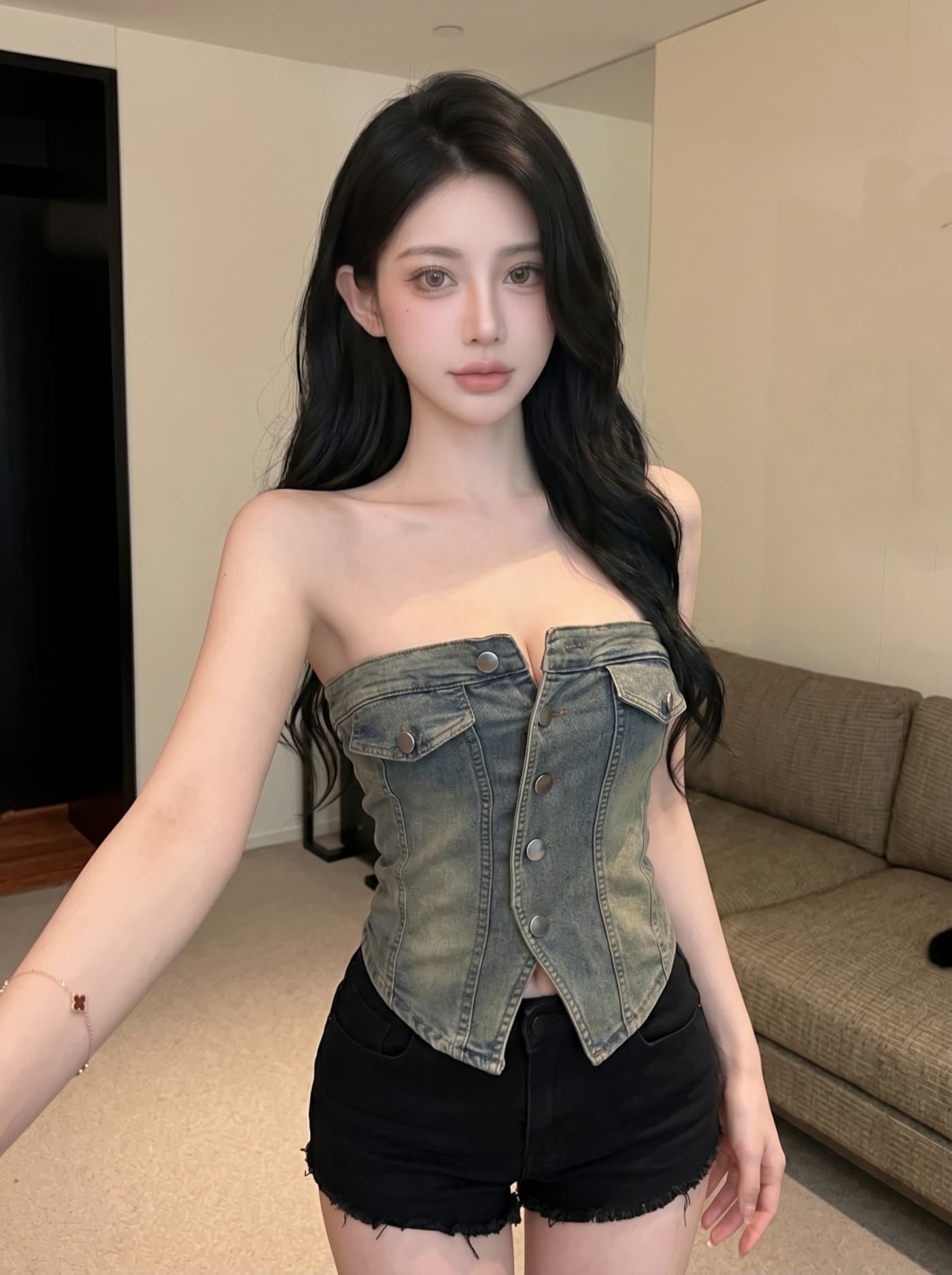 실사 유럽과 미국 핫걸 바람 거리 섹시함 싱글 줄 버튼 튜브탑 데님 조끼 여성 2 여름 몸매 가꾸기 슬림해 보이는 짧은 맨위 상세 이미지 6