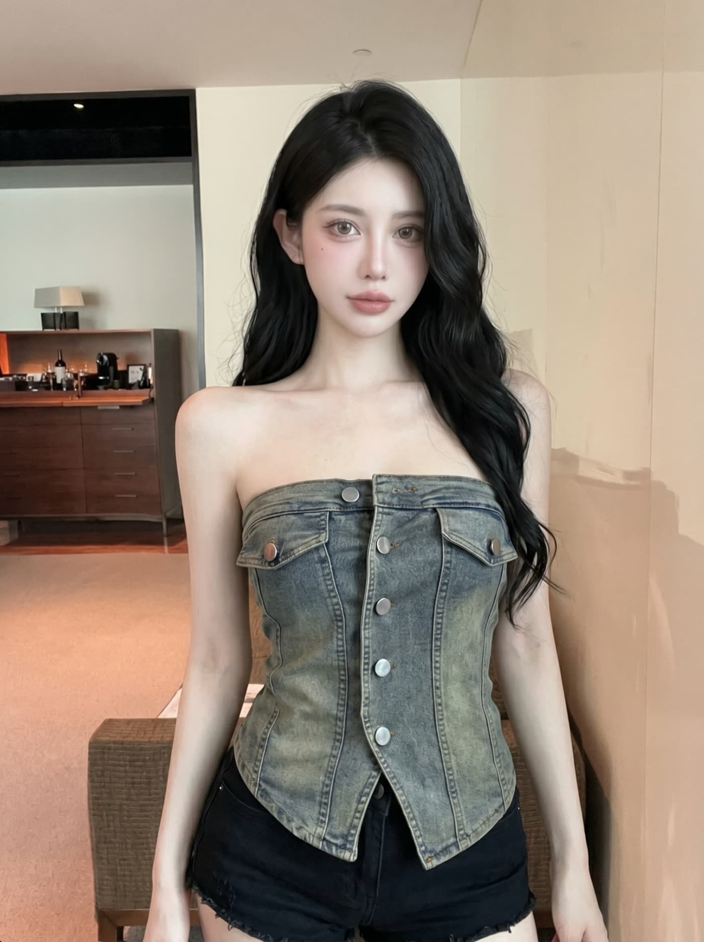 실사 유럽과 미국 핫걸 바람 거리 섹시함 싱글 줄 버튼 튜브탑 데님 조끼 여성 2 여름 몸매 가꾸기 슬림해 보이는 짧은 맨위 상세 이미지 8