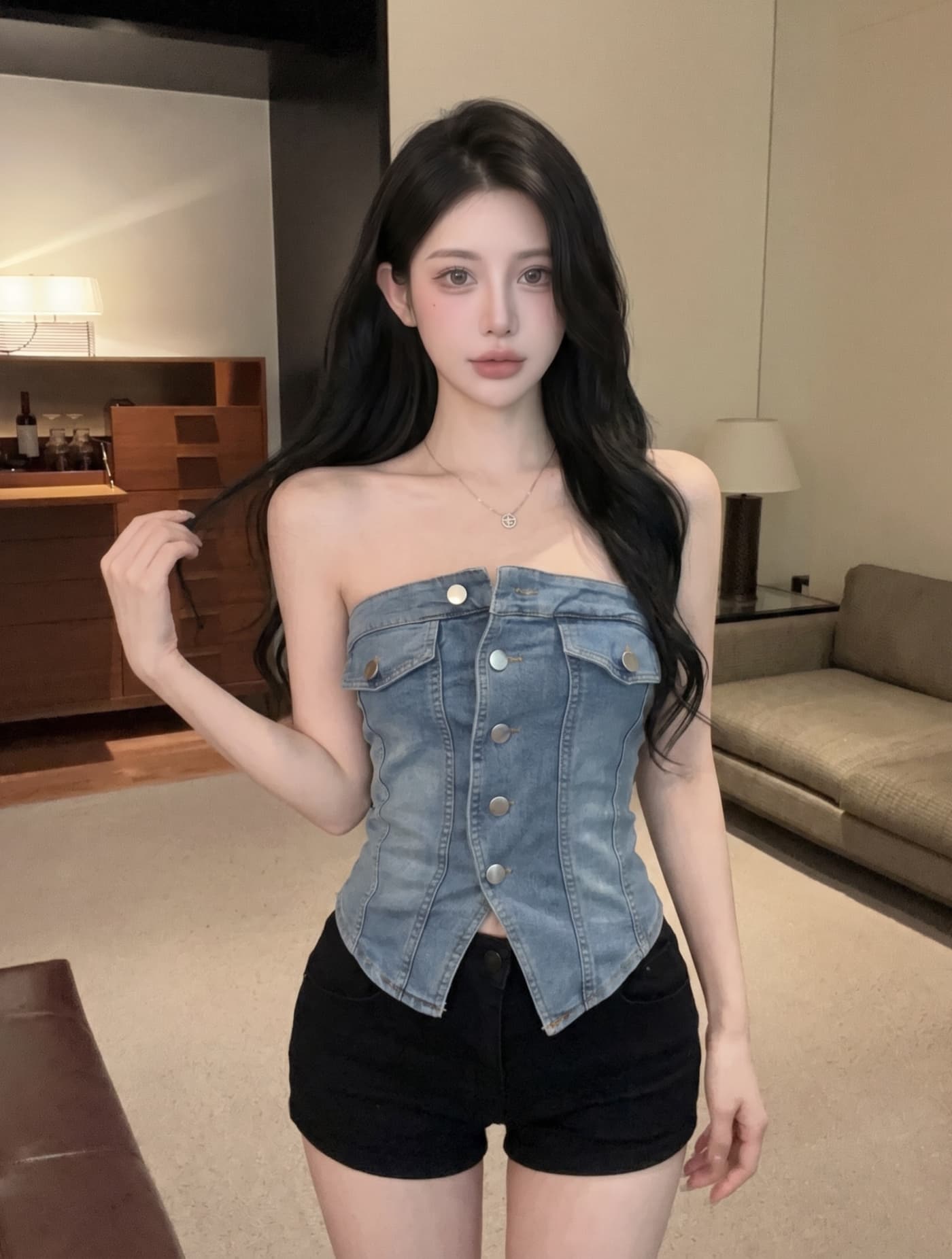 실사 유럽과 미국 핫걸 바람 거리 섹시함 싱글 줄 버튼 튜브탑 데님 조끼 여성 2 여름 몸매 가꾸기 슬림해 보이는 짧은 맨위 상세 이미지 10