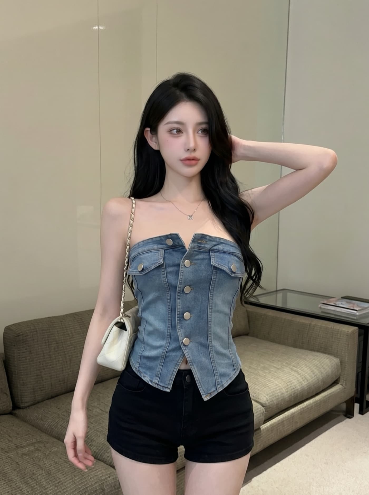 실사 유럽과 미국 핫걸 바람 거리 섹시함 싱글 줄 버튼 튜브탑 데님 조끼 여성 2 여름 몸매 가꾸기 슬림해 보이는 짧은 맨위 상세 이미지 11