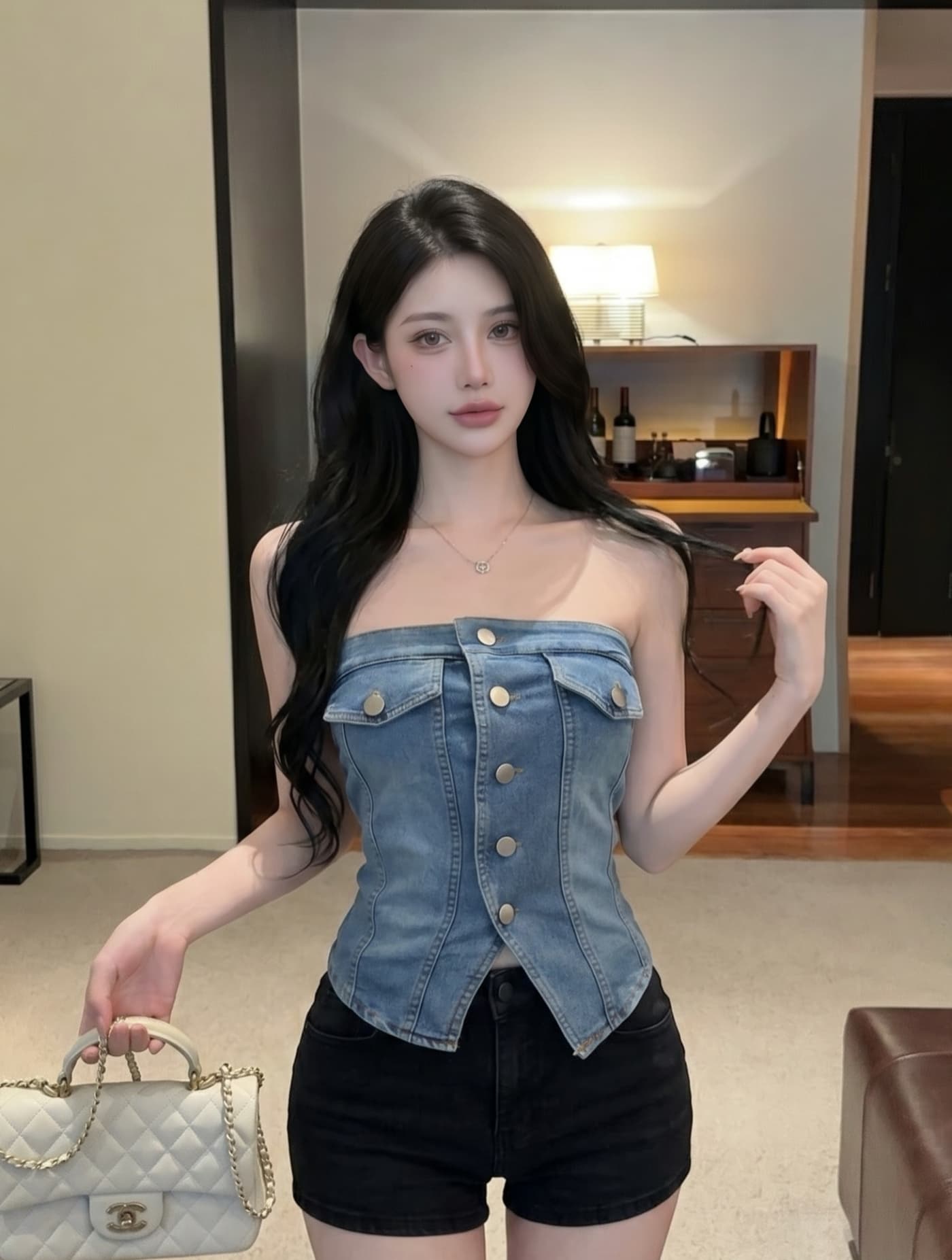 실사 유럽과 미국 핫걸 바람 거리 섹시함 싱글 줄 버튼 튜브탑 데님 조끼 여성 2 여름 몸매 가꾸기 슬림해 보이는 짧은 맨위 상세 이미지 12
