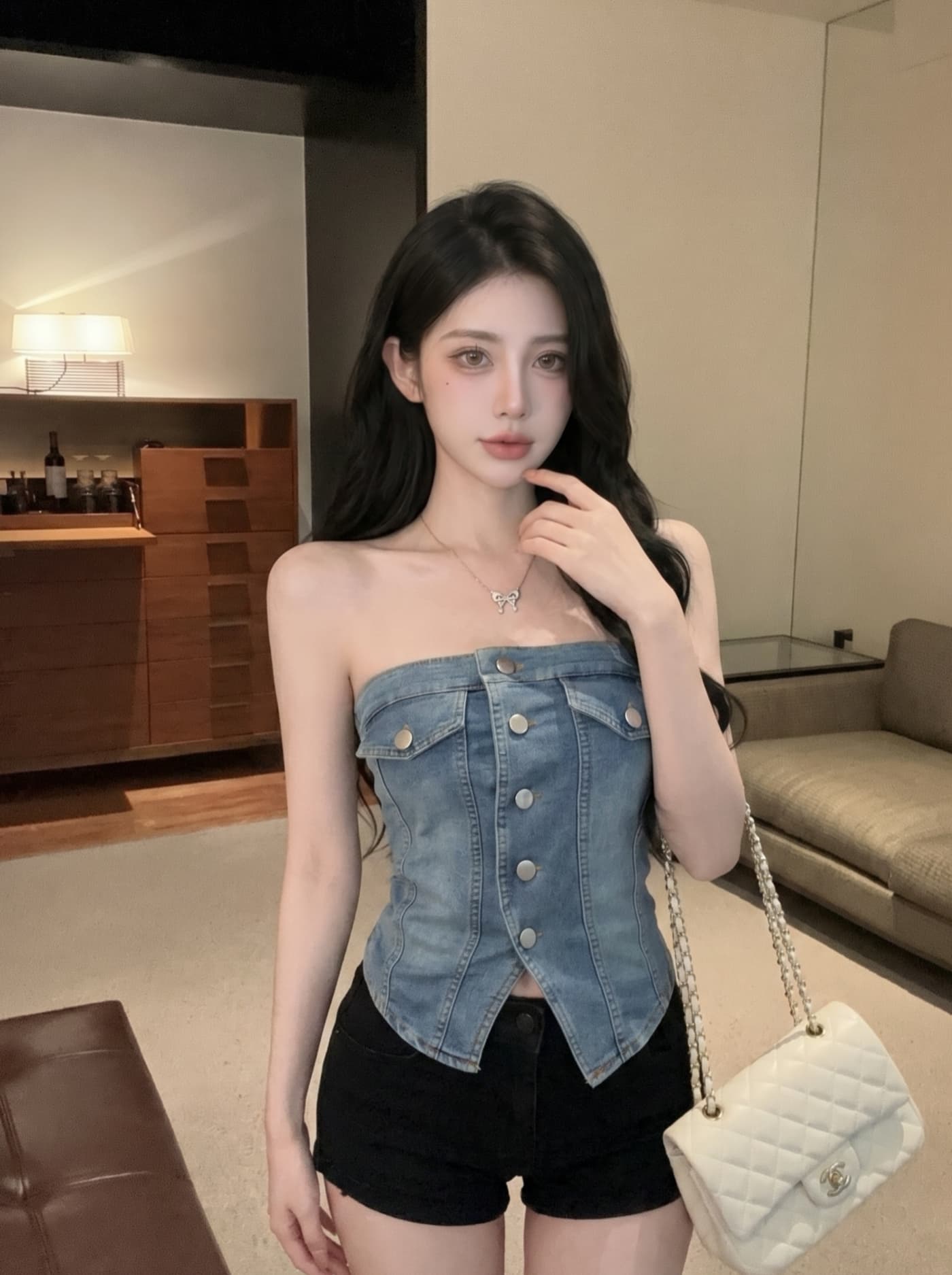 실사 유럽과 미국 핫걸 바람 거리 섹시함 싱글 줄 버튼 튜브탑 데님 조끼 여성 2 여름 몸매 가꾸기 슬림해 보이는 짧은 맨위 상세 이미지 13