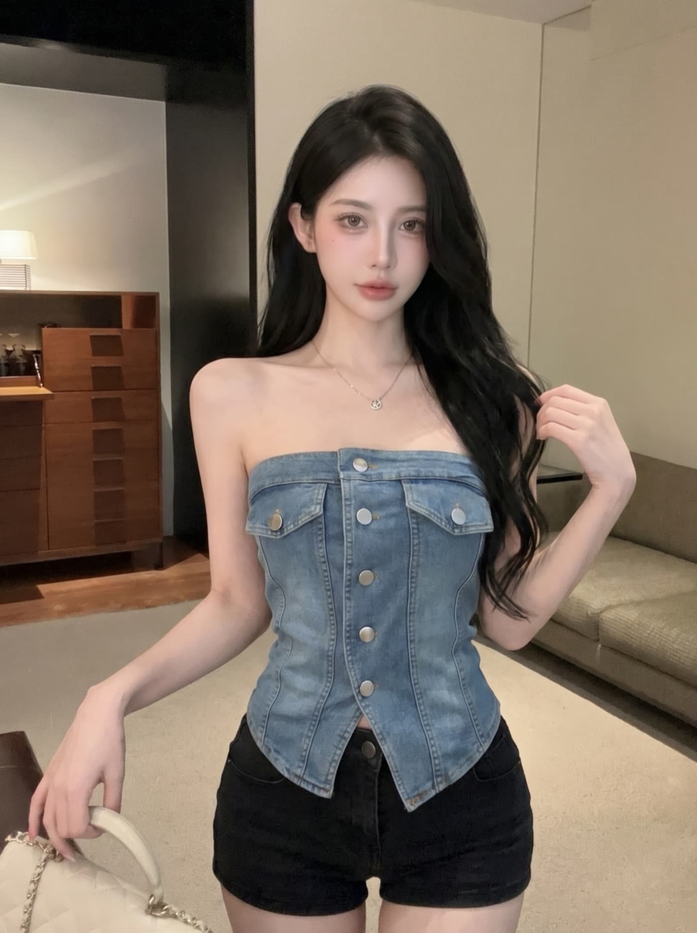 실사 유럽과 미국 핫걸 바람 거리 섹시함 싱글 줄 버튼 튜브탑 데님 조끼 여성 2 여름 몸매 가꾸기 슬림해 보이는 짧은 맨위 상세 이미지 15