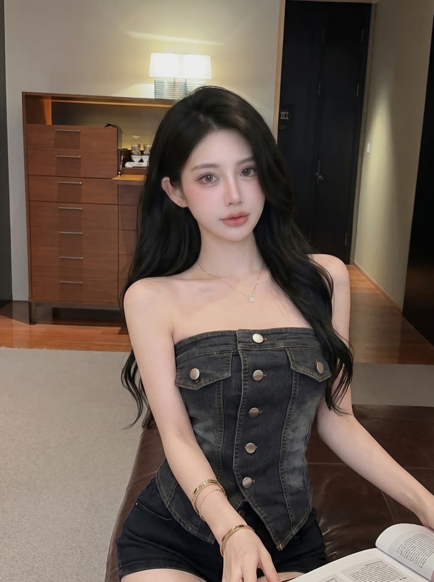 실사 유럽과 미국 핫걸 바람 거리 섹시함 싱글 줄 버튼 튜브탑 데님 조끼 여성 2 여름 몸매 가꾸기 슬림해 보이는 짧은 맨위 상세 이미지 18