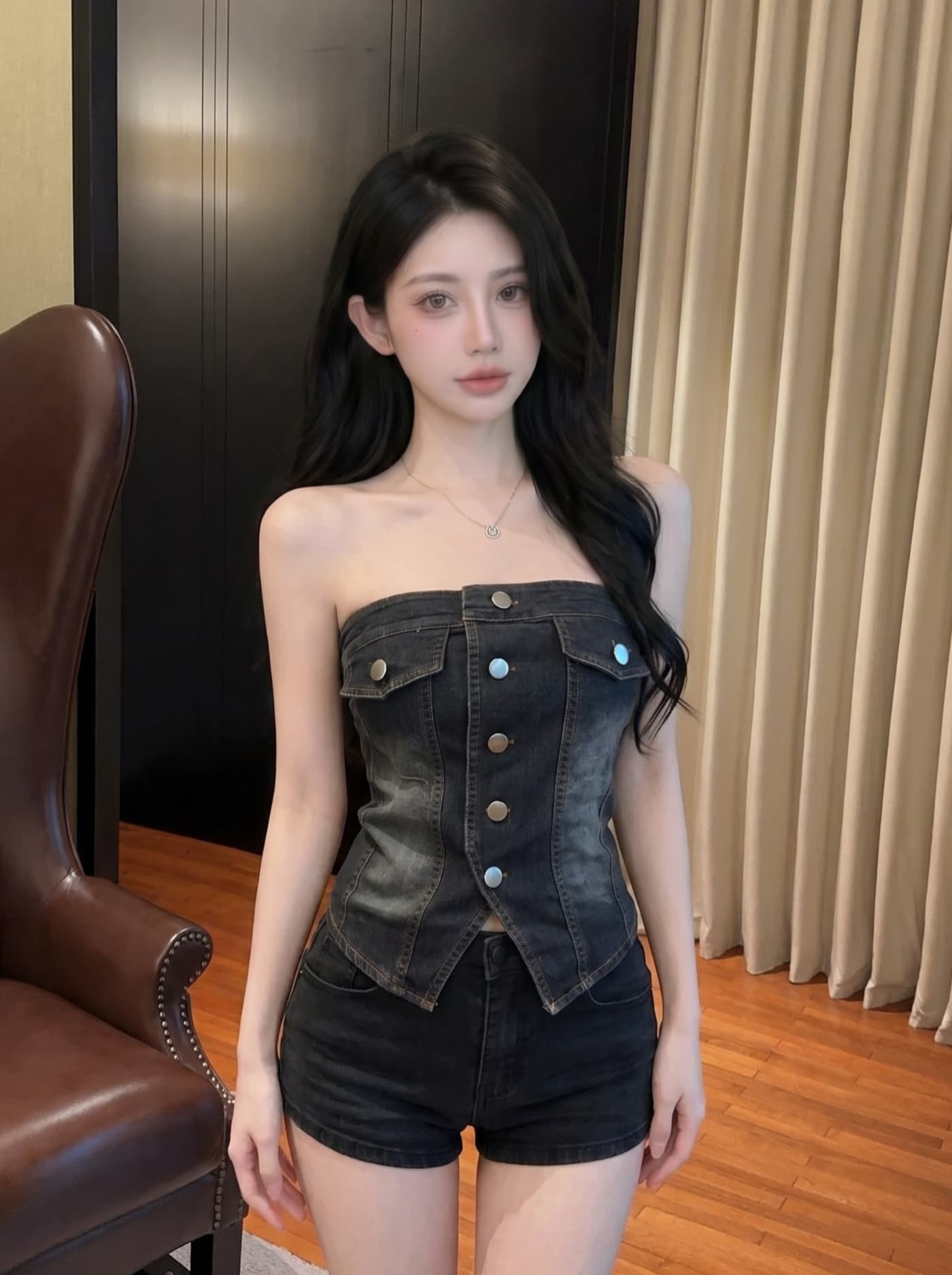 실사 유럽과 미국 핫걸 바람 거리 섹시함 싱글 줄 버튼 튜브탑 데님 조끼 여성 2 여름 몸매 가꾸기 슬림해 보이는 짧은 맨위 상세 이미지 19