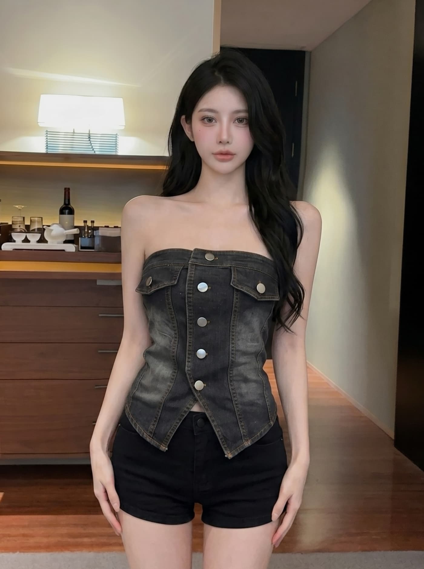 실사 유럽과 미국 핫걸 바람 거리 섹시함 싱글 줄 버튼 튜브탑 데님 조끼 여성 2 여름 몸매 가꾸기 슬림해 보이는 짧은 맨위 상세 이미지 20