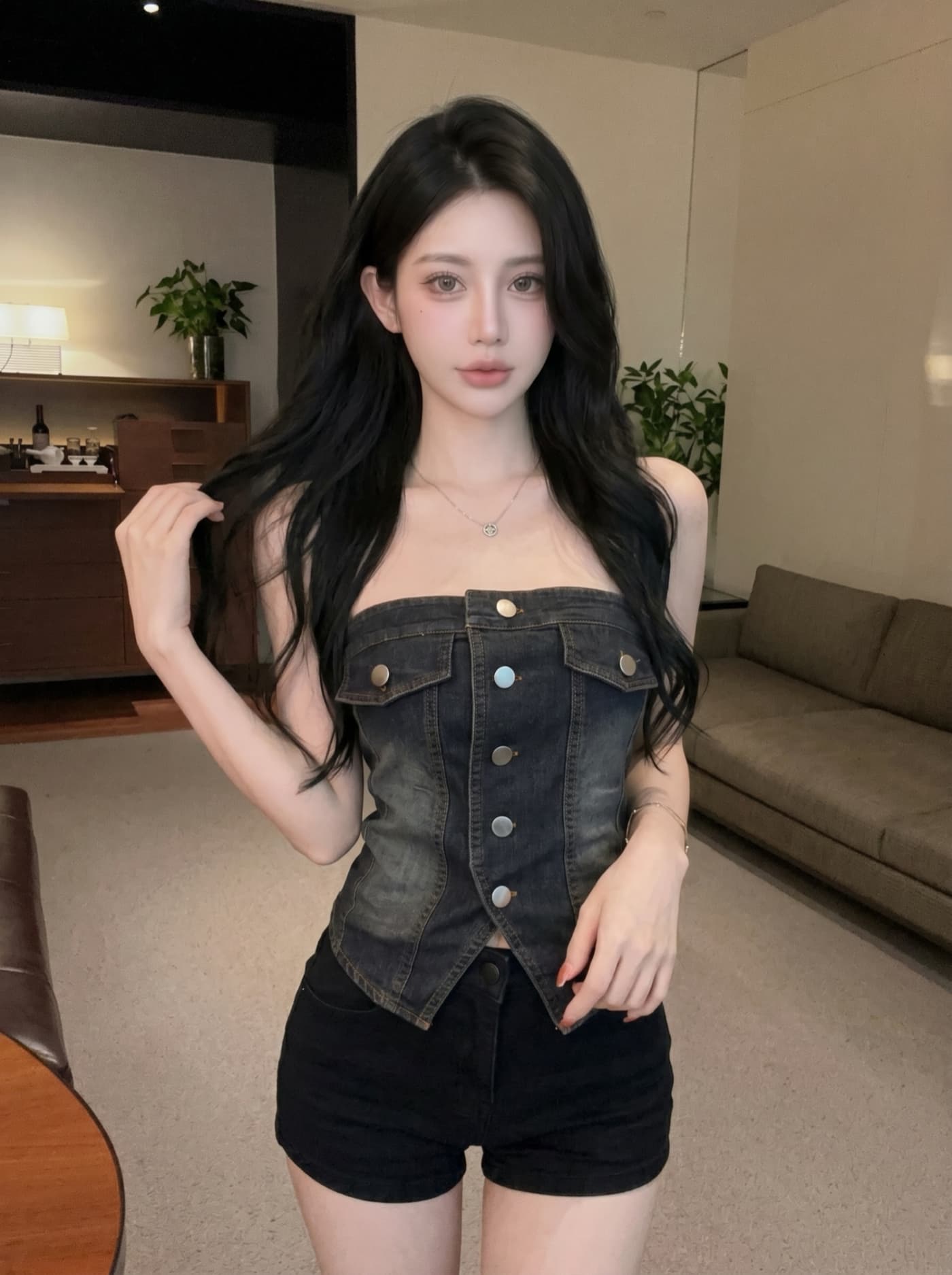 실사 유럽과 미국 핫걸 바람 거리 섹시함 싱글 줄 버튼 튜브탑 데님 조끼 여성 2 여름 몸매 가꾸기 슬림해 보이는 짧은 맨위 상세 이미지 21