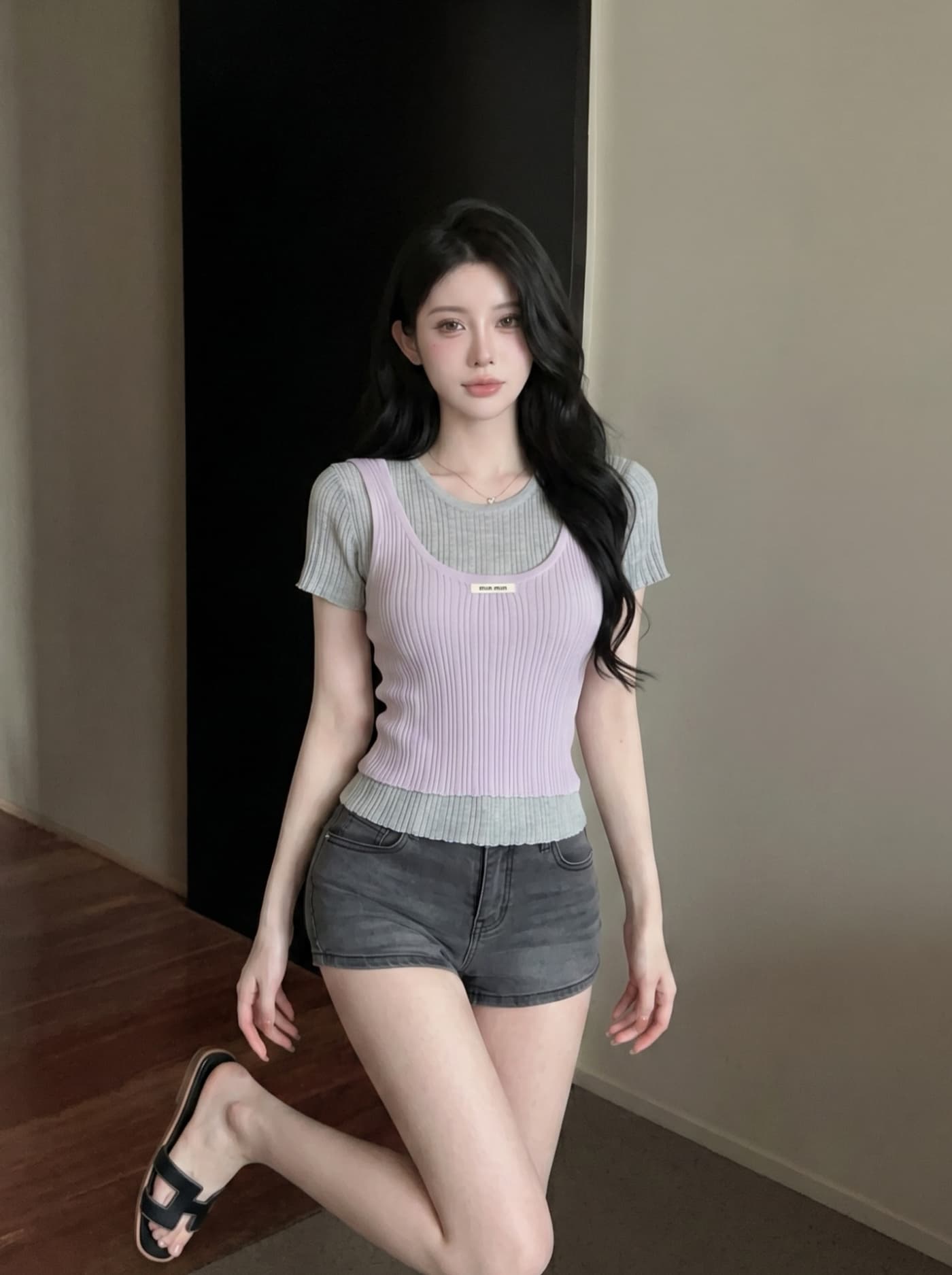 실사 달콤한 스타일 스택 착용 페이크 레이어드 반팔 티셔츠 여성 여름 얇은 스타일 몸매 가꾸기 슬림해 보이는 패션 다용도 니트 맨위 상세 이미지 7