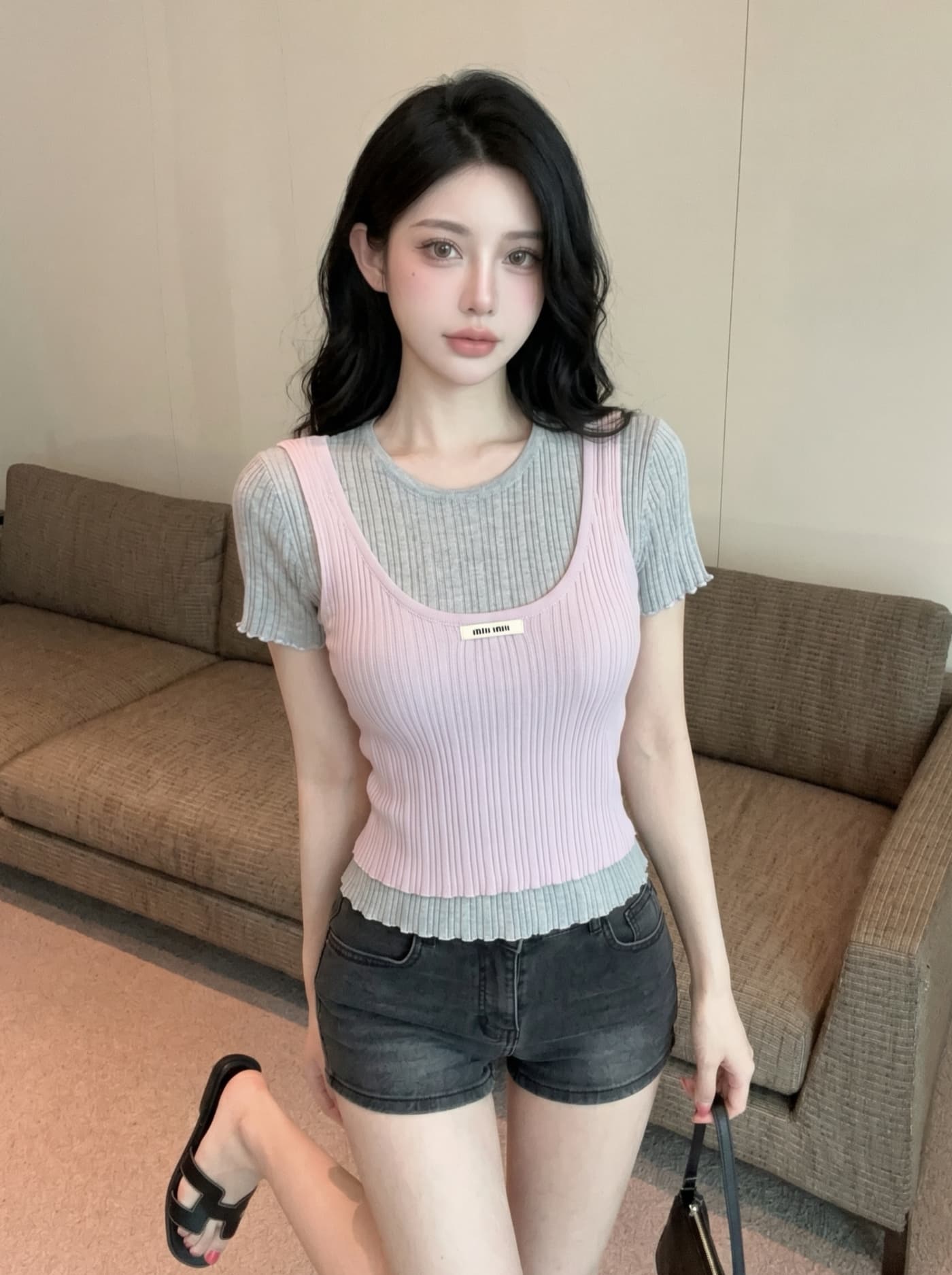 실사 달콤한 스타일 스택 착용 페이크 레이어드 반팔 티셔츠 여성 여름 얇은 스타일 몸매 가꾸기 슬림해 보이는 패션 다용도 니트 맨위 상세 이미지 8