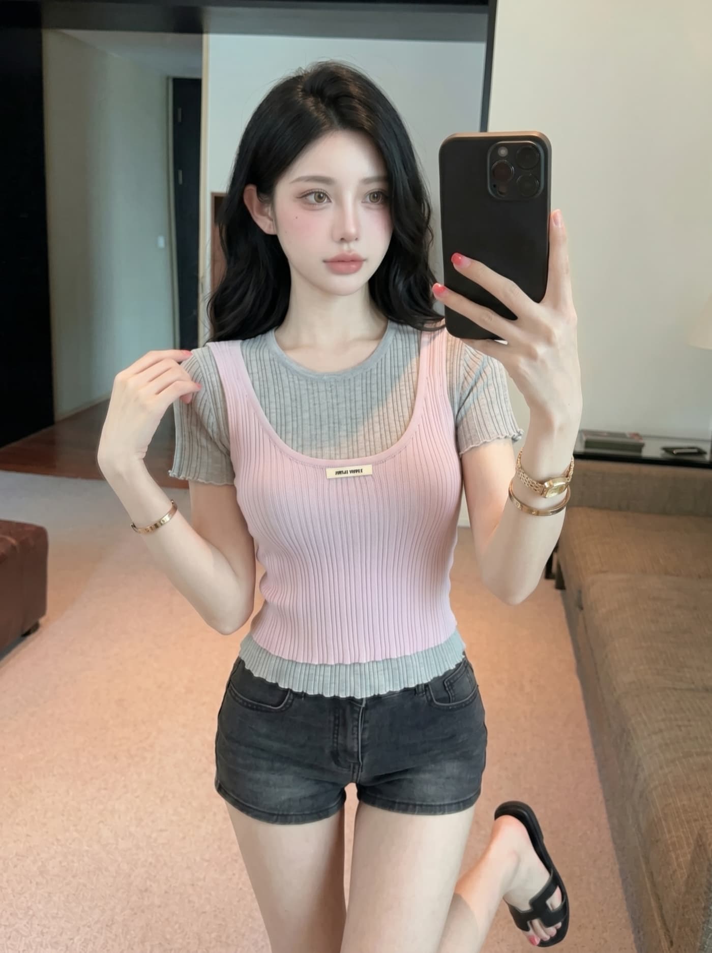 실사 달콤한 스타일 스택 착용 페이크 레이어드 반팔 티셔츠 여성 여름 얇은 스타일 몸매 가꾸기 슬림해 보이는 패션 다용도 니트 맨위 상세 이미지 10
