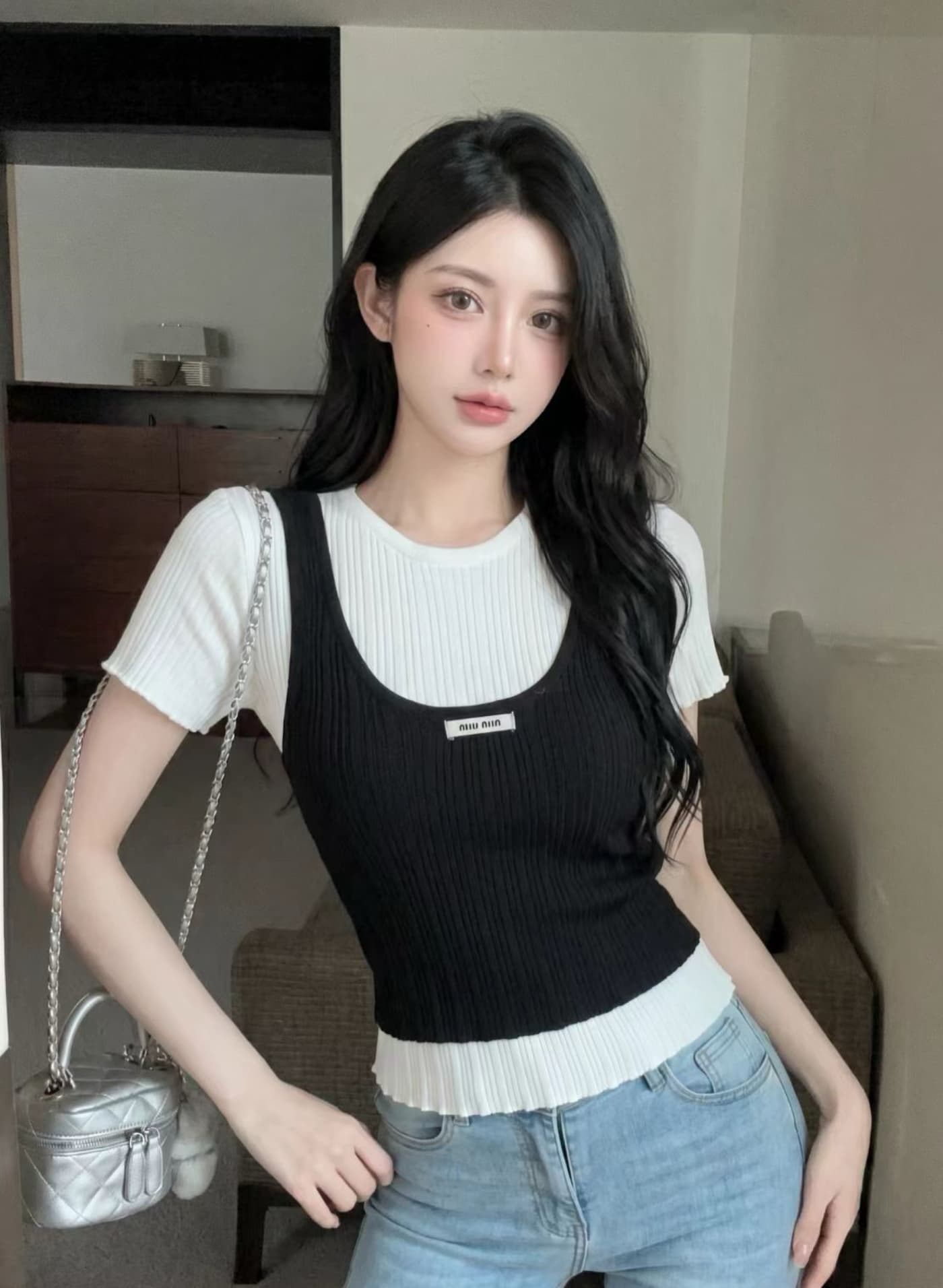 실사 달콤한 스타일 스택 착용 페이크 레이어드 반팔 티셔츠 여성 여름 얇은 스타일 몸매 가꾸기 슬림해 보이는 패션 다용도 니트 맨위 상세 이미지 15