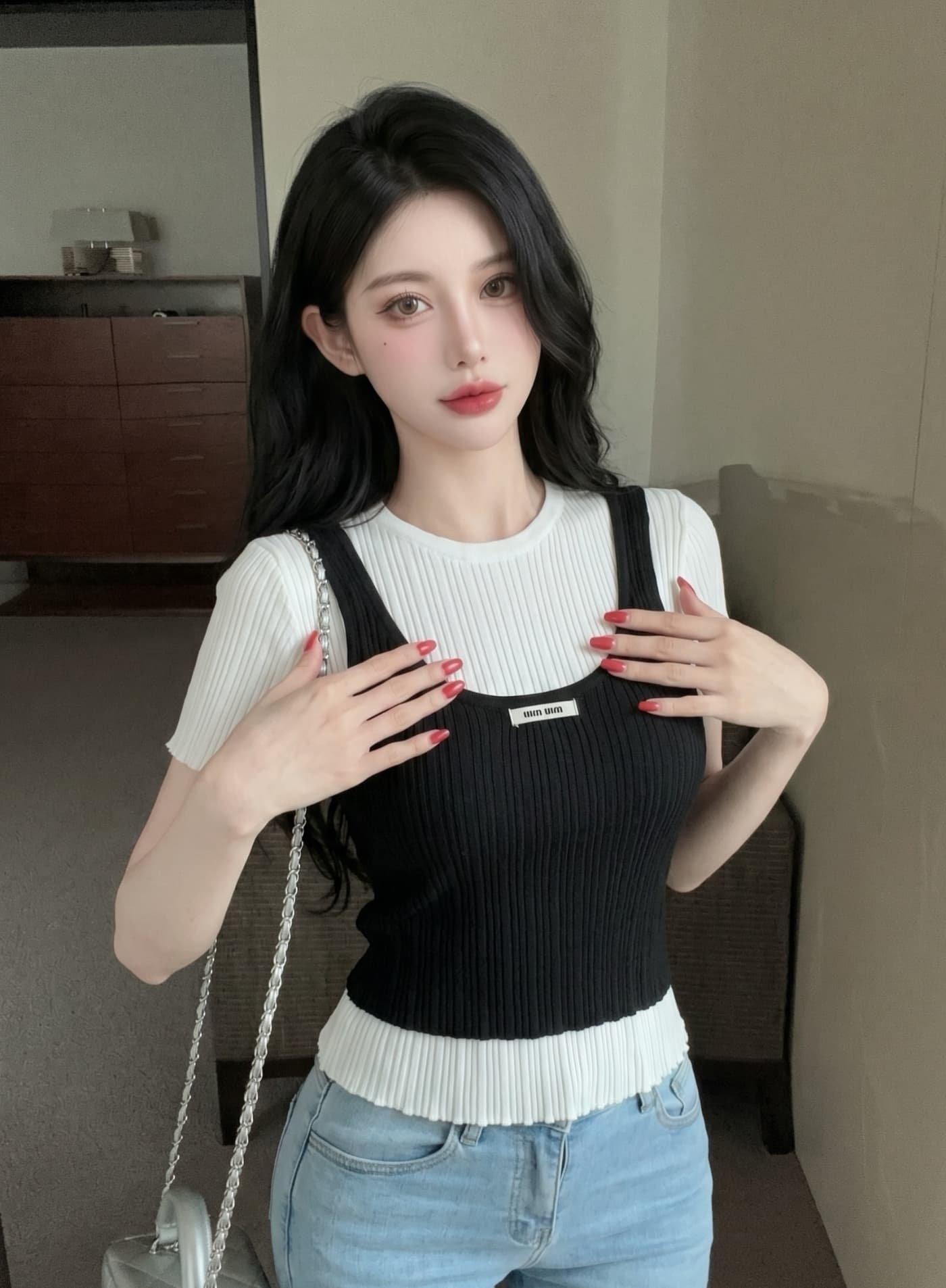 실사 달콤한 스타일 스택 착용 페이크 레이어드 반팔 티셔츠 여성 여름 얇은 스타일 몸매 가꾸기 슬림해 보이는 패션 다용도 니트 맨위 상세 이미지 16
