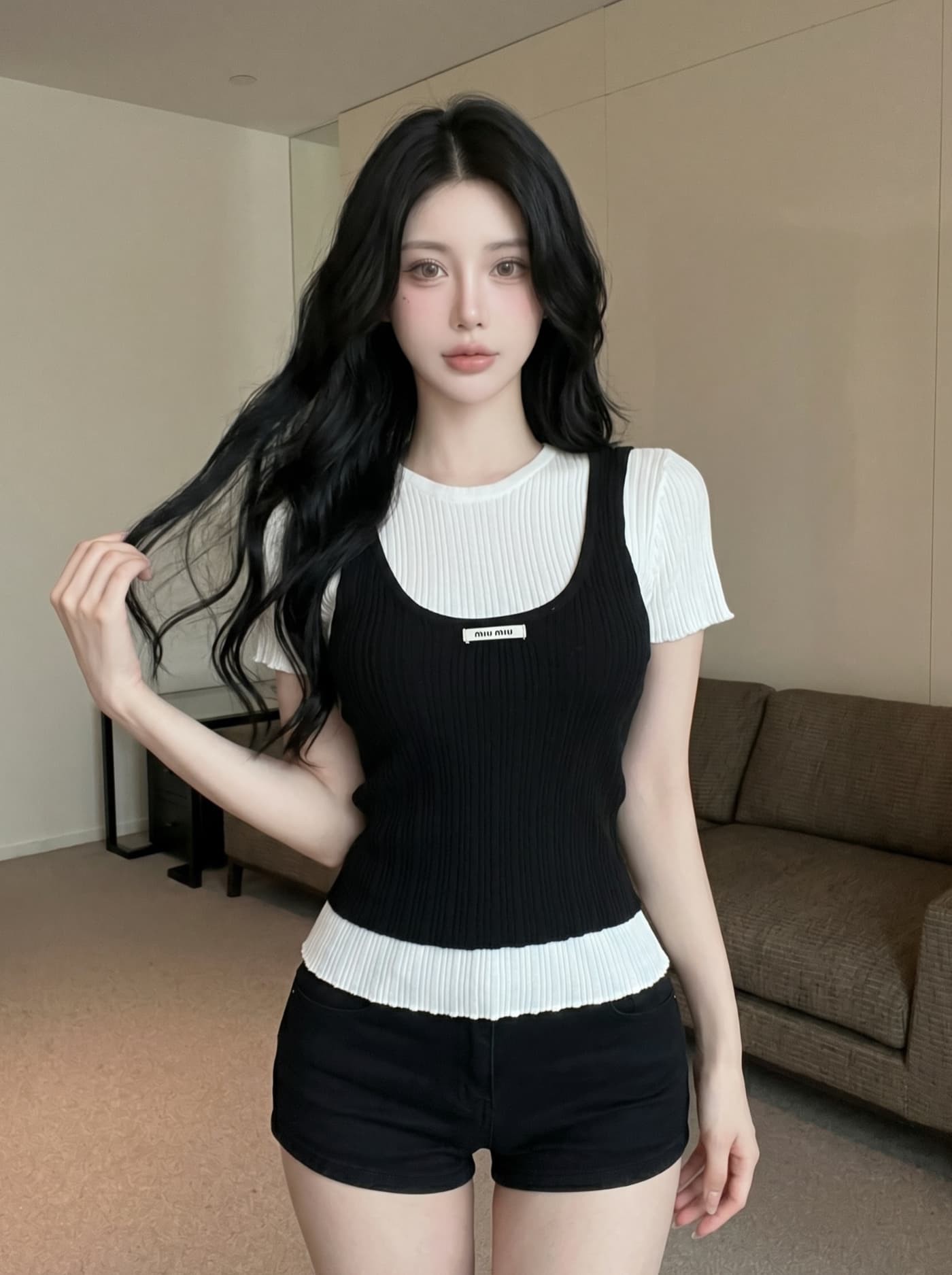 실사 달콤한 스타일 스택 착용 페이크 레이어드 반팔 티셔츠 여성 여름 얇은 스타일 몸매 가꾸기 슬림해 보이는 패션 다용도 니트 맨위 상세 이미지 19
