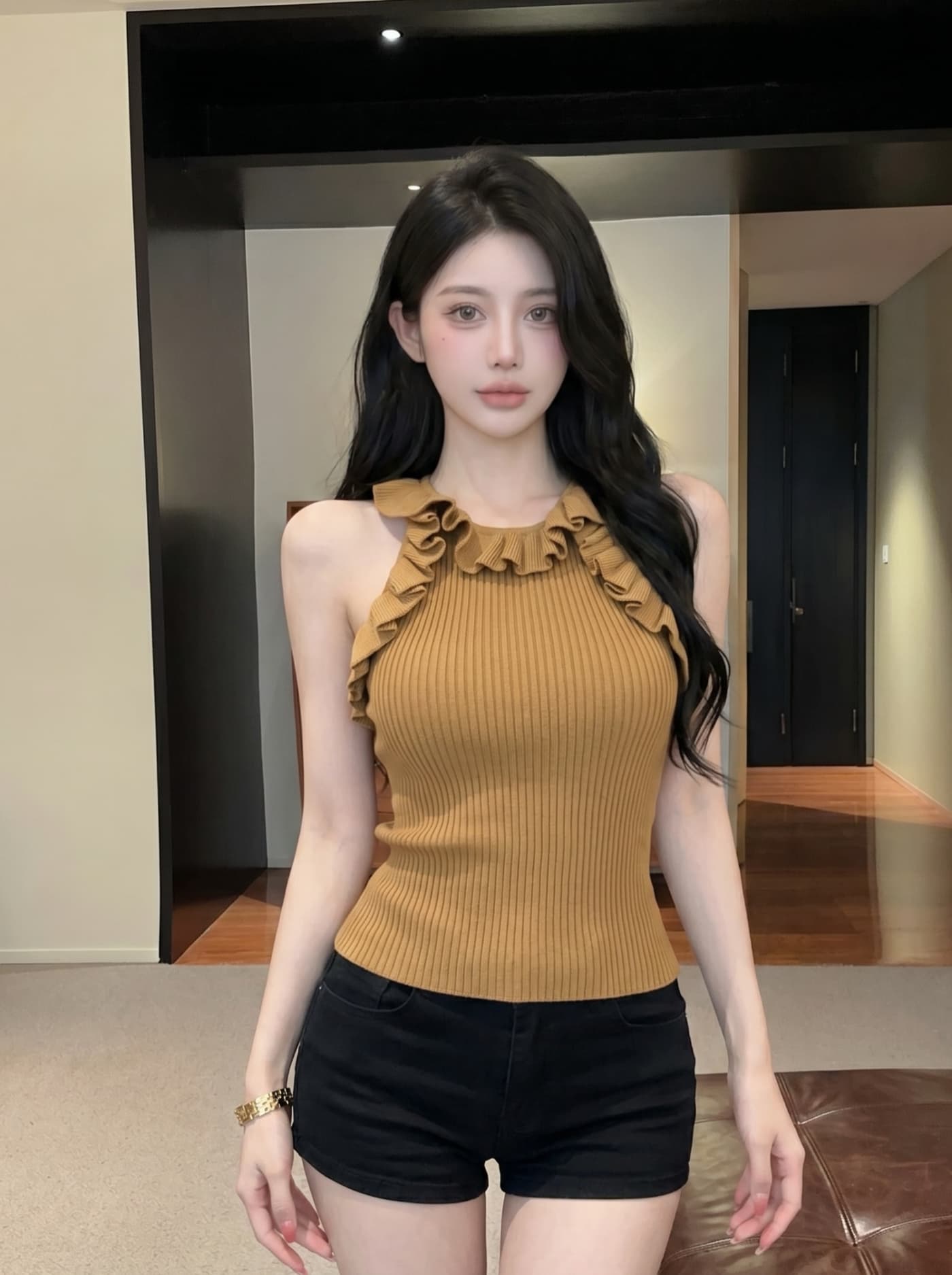 실사 프릴 민소매 니트 행침 목 조끼 여성 여름 허리 수축 몸매 가꾸기 핫걸 작은 대중 슬림해 보이는 외출용 맨위 상세 이미지 10