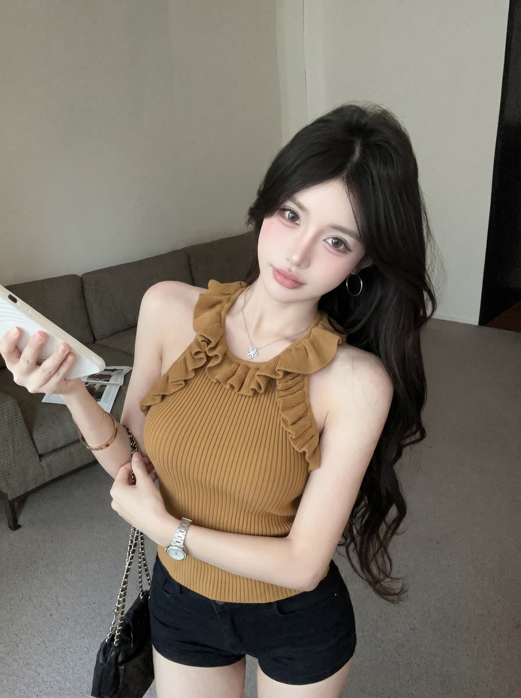 실사 프릴 민소매 니트 행침 목 조끼 여성 여름 허리 수축 몸매 가꾸기 핫걸 작은 대중 슬림해 보이는 외출용 맨위 상세 이미지 12