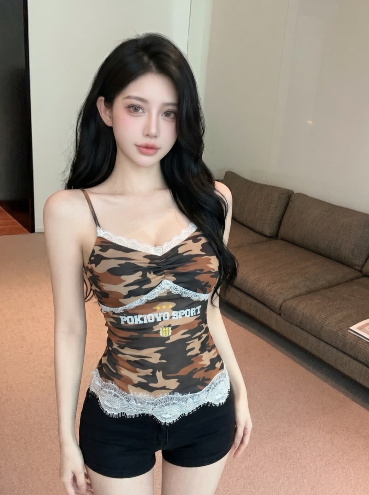 실사 아메리칸 레트로 알파벳 프린트 레이스 측면 카모플라주 캐미솔 여름 허리 수축 슬림해 보이는 핫걸 맨위 여성 상세 이미지 4