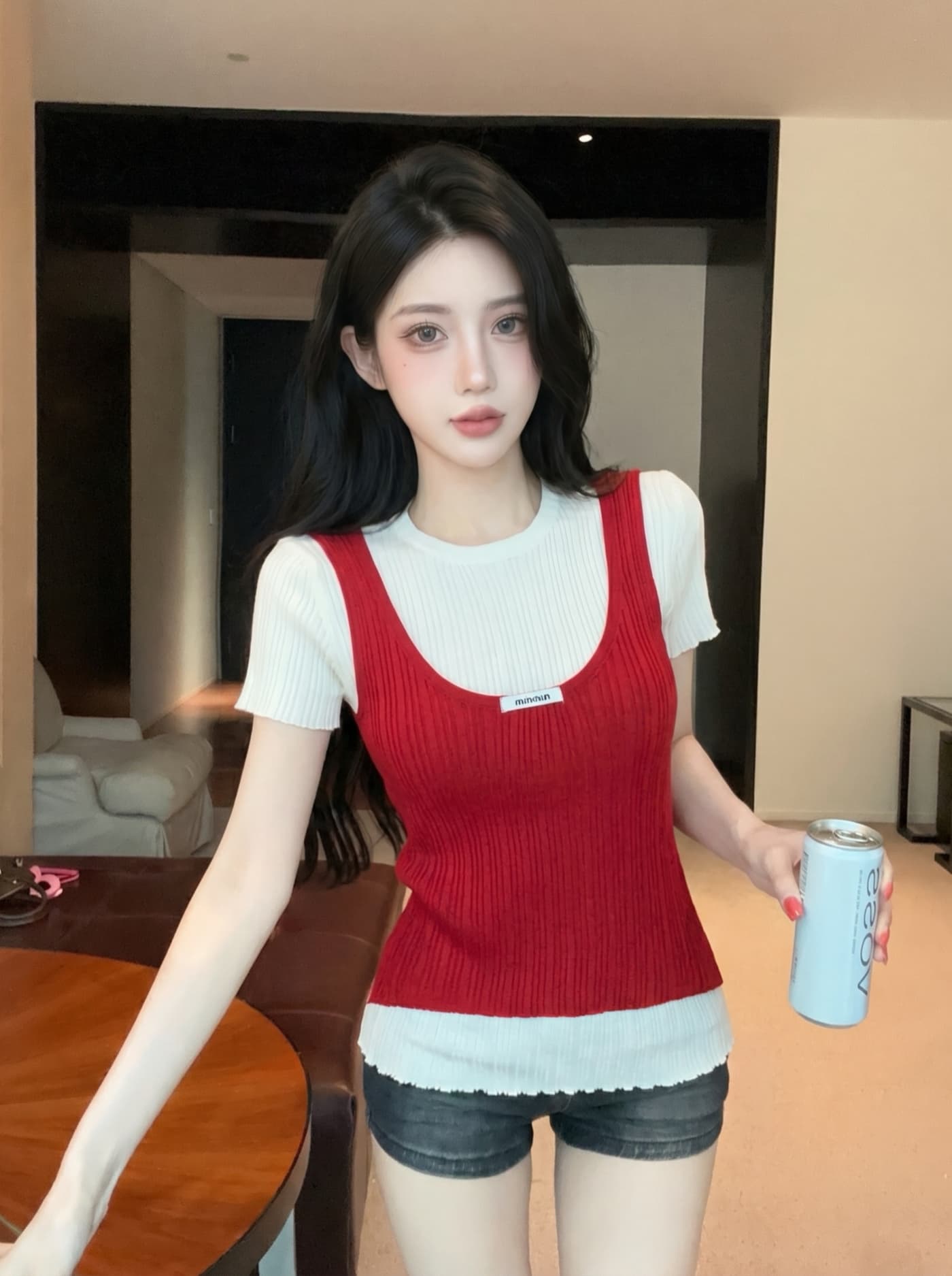 실사 달콤한 스타일 스택 착용 페이크 레이어드 반팔 티셔츠 여성 여름 얇은 스타일 몸매 가꾸기 슬림해 보이는 패션 다용도 니트 맨위 상세 이미지 4
