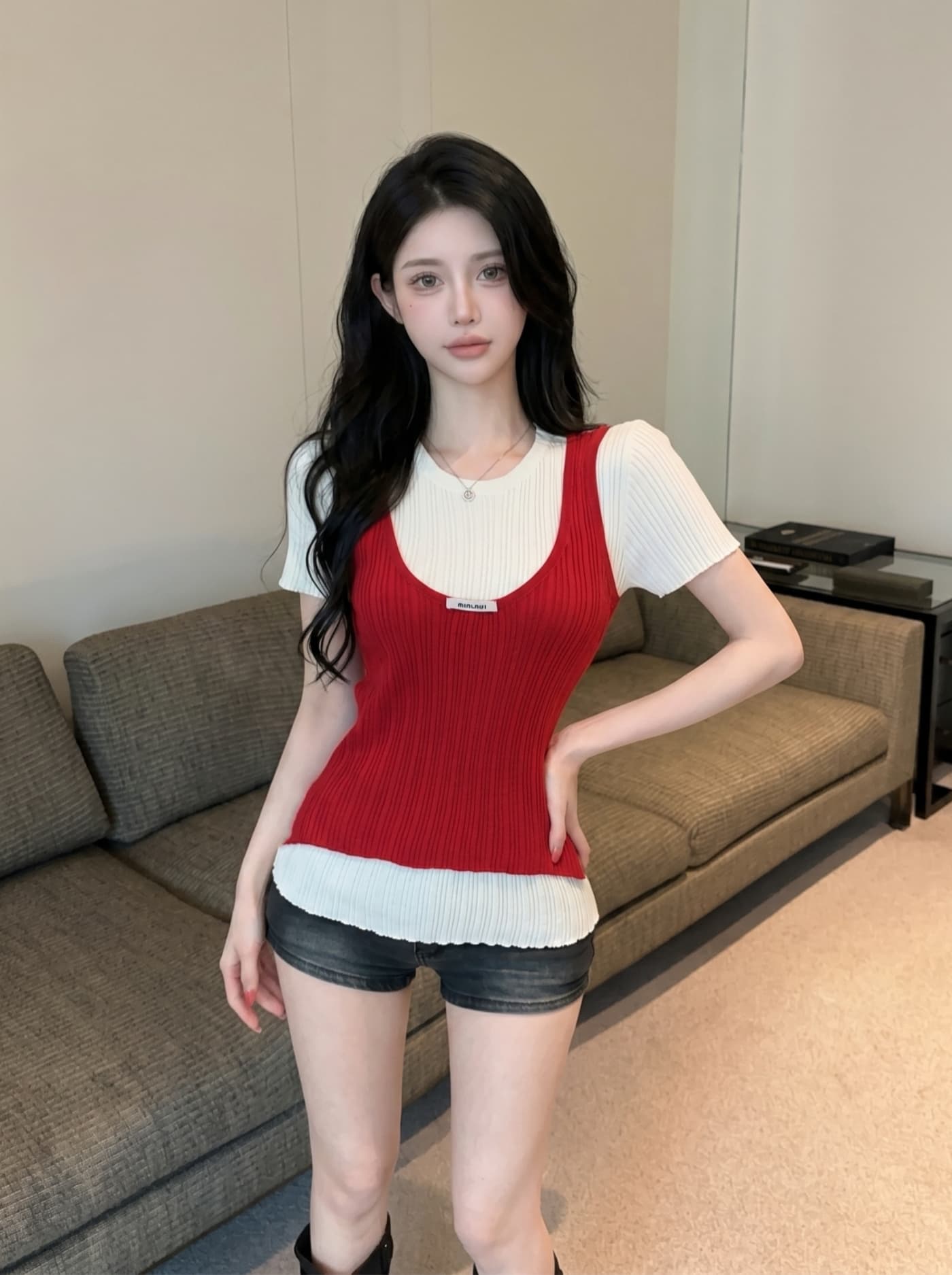 실사 달콤한 스타일 스택 착용 페이크 레이어드 반팔 티셔츠 여성 여름 얇은 스타일 몸매 가꾸기 슬림해 보이는 패션 다용도 니트 맨위 상세 이미지 5