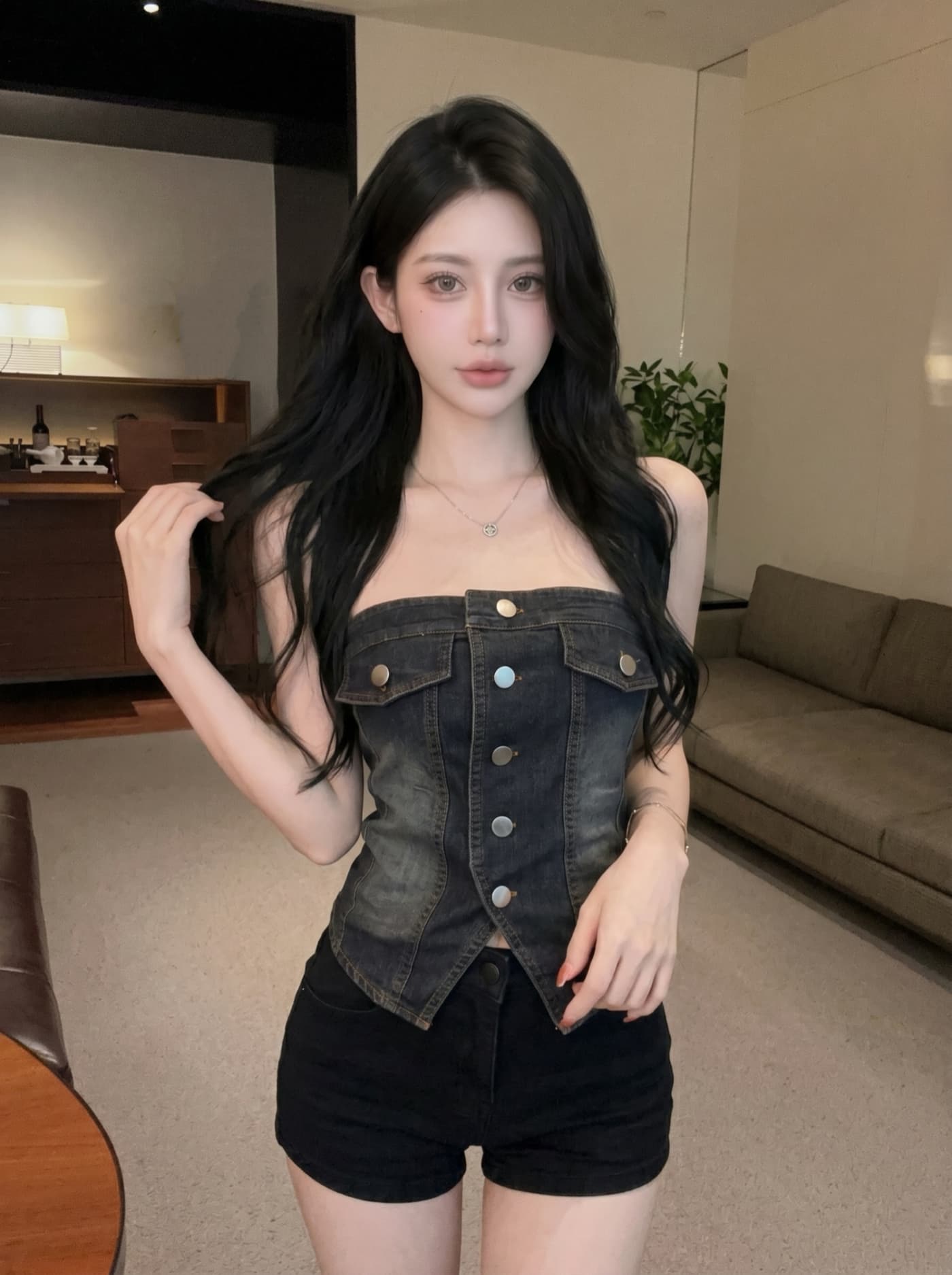 실사 유럽과 미국 핫걸 바람 거리 섹시함 싱글 줄 버튼 튜브탑 데님 조끼 여성 2 여름 몸매 가꾸기 슬림해 보이는 짧은 맨위 이미지 4