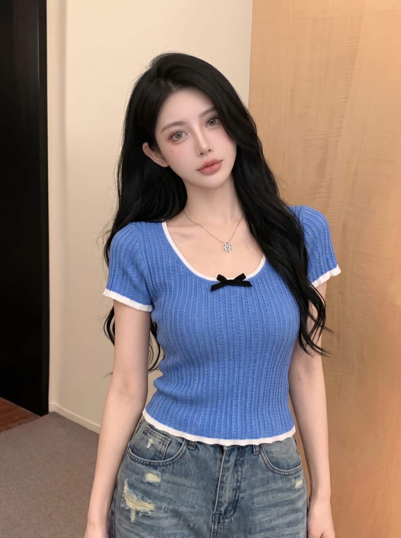 실사 아메리칸 배색 레이스 나비 매듭 니트 반팔 티셔츠 여성 여름 타이트 핫걸 쇼트 스타일 긍정적 인 어깨 의류 이미지 3