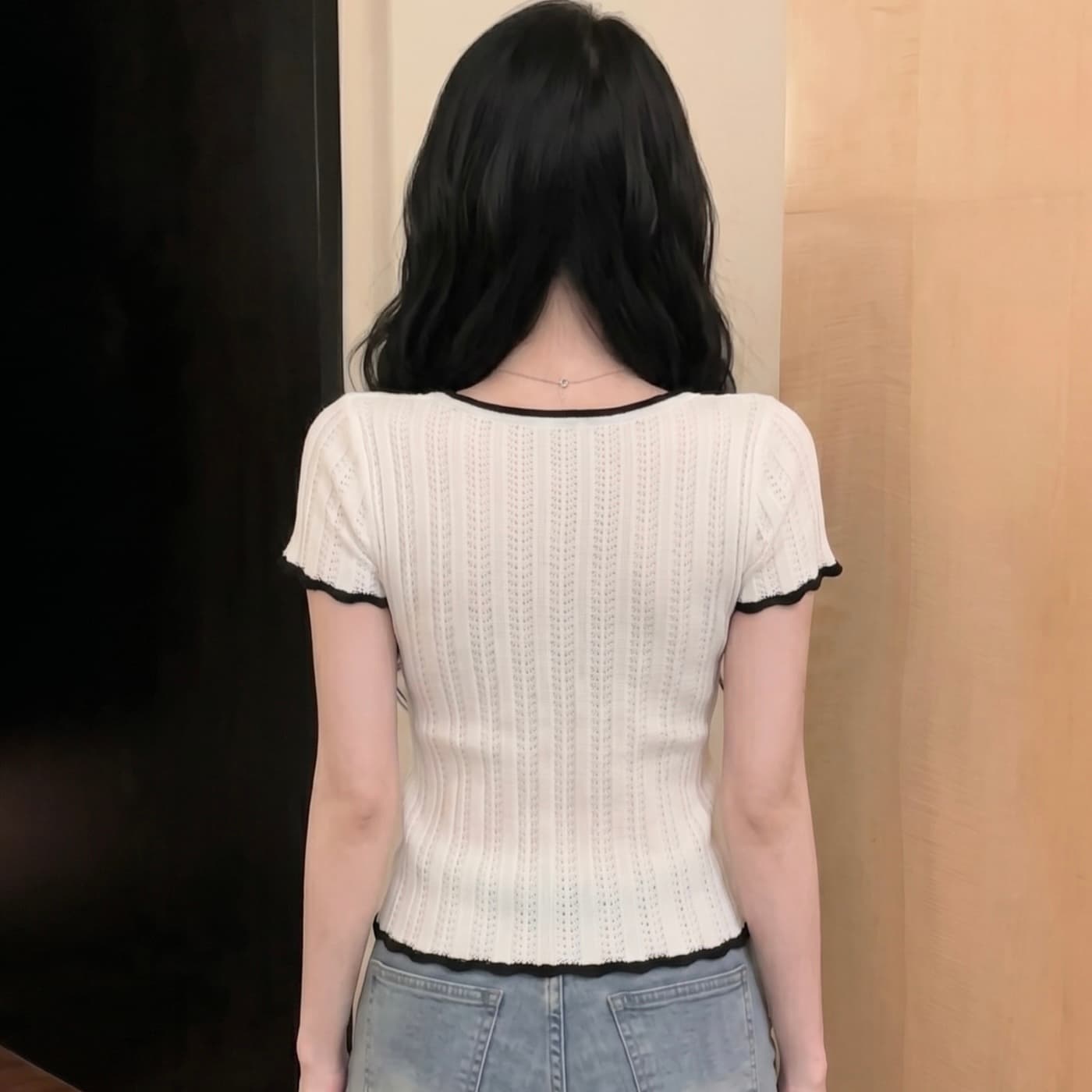 실사 아메리칸 배색 레이스 나비 매듭 니트 반팔 티셔츠 여성 여름 타이트 핫걸 쇼트 스타일 긍정적 인 어깨 의류 이미지 5