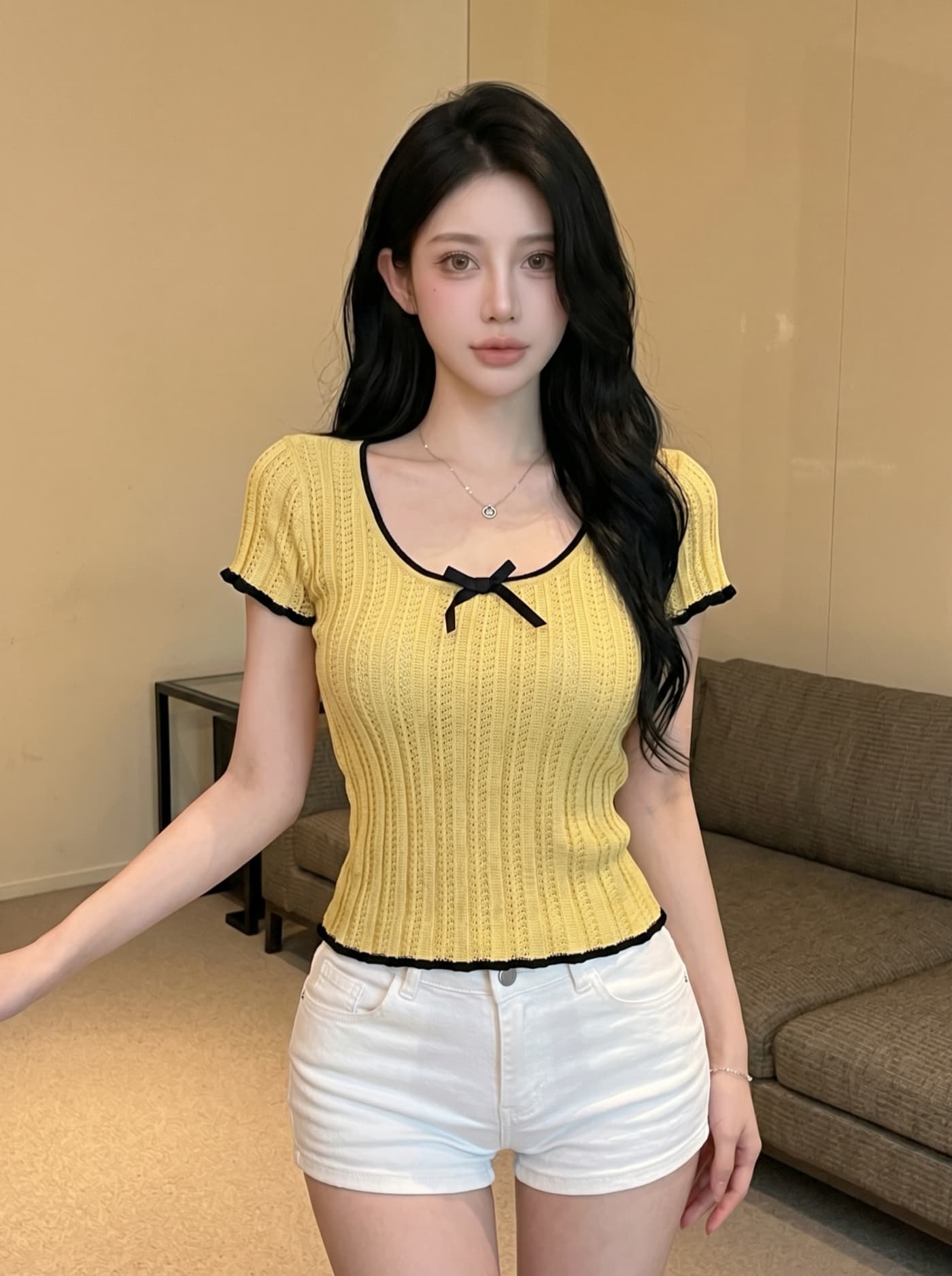 실사 아메리칸 배색 레이스 나비 매듭 니트 반팔 티셔츠 여성 여름 타이트 핫걸 쇼트 스타일 긍정적 인 어깨 의류 이미지 4
