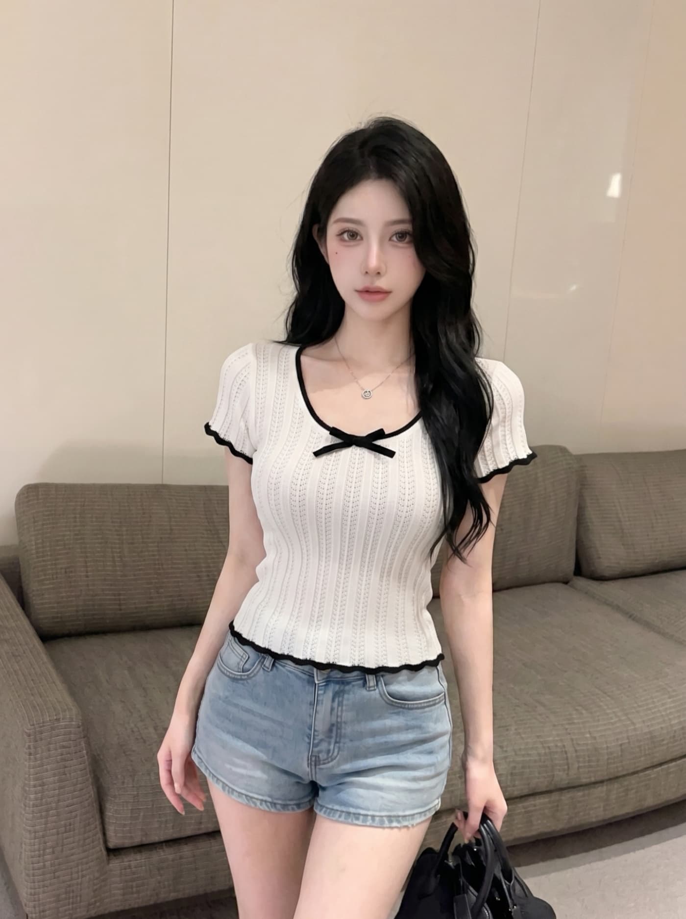 실사 아메리칸 배색 레이스 나비 매듭 니트 반팔 티셔츠 여성 여름 타이트 핫걸 쇼트 스타일 긍정적 인 어깨 의류 상세 이미지 1