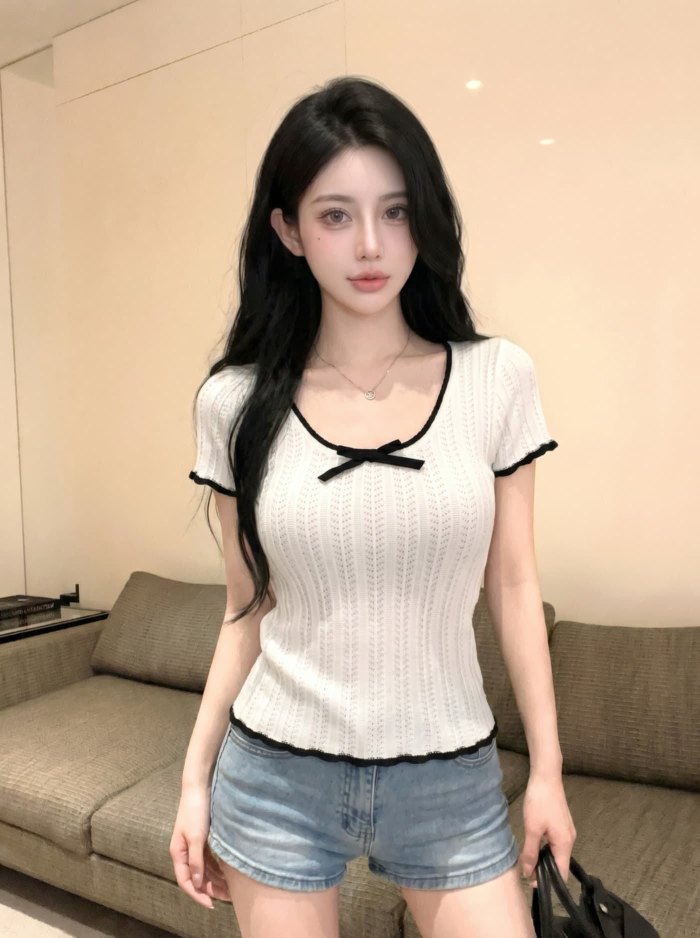 실사 아메리칸 배색 레이스 나비 매듭 니트 반팔 티셔츠 여성 여름 타이트 핫걸 쇼트 스타일 긍정적 인 어깨 의류 상세 이미지 2