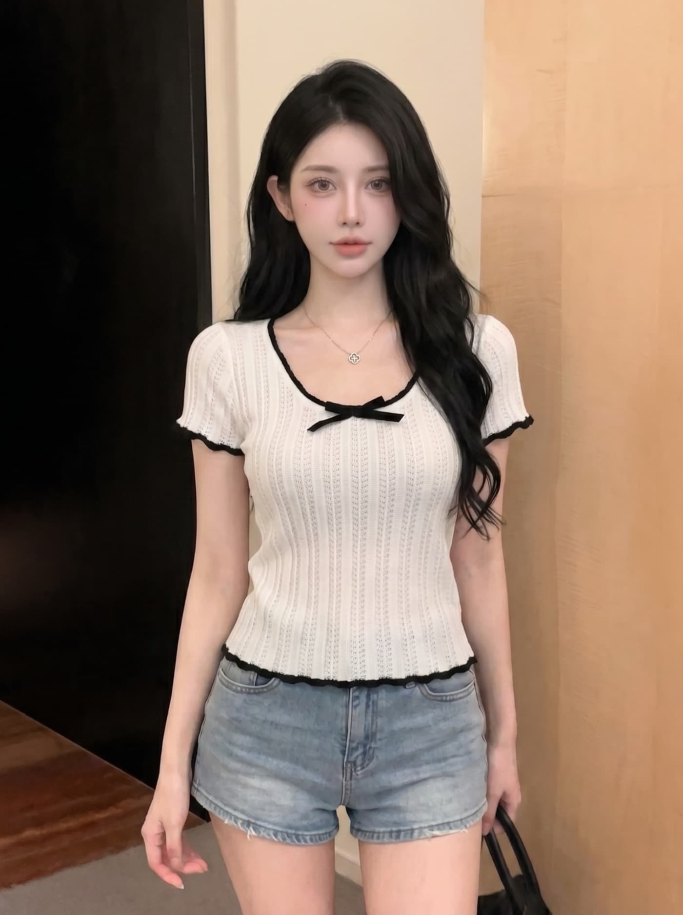 실사 아메리칸 배색 레이스 나비 매듭 니트 반팔 티셔츠 여성 여름 타이트 핫걸 쇼트 스타일 긍정적 인 어깨 의류 상세 이미지 4